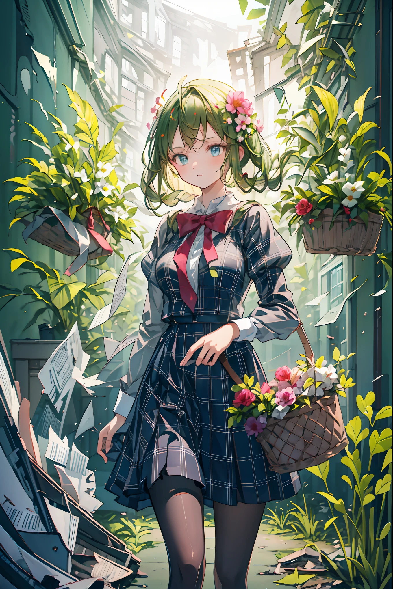 The Ruined Gardener,android girl,I'm planting flowers，((Flower basket in the hand))，Cowboy Shot，ruins covered with ivy,4K,Ultra Detailed ,advanced physical depiction,professional,vivid colors,Bokeh,Large scale ruins,android surrounded by greenery,expressive female android, Overgrown Plants ,abandoned buildings with ages,sunlight shining through windows,artistic composition,Digital Art,Realistic