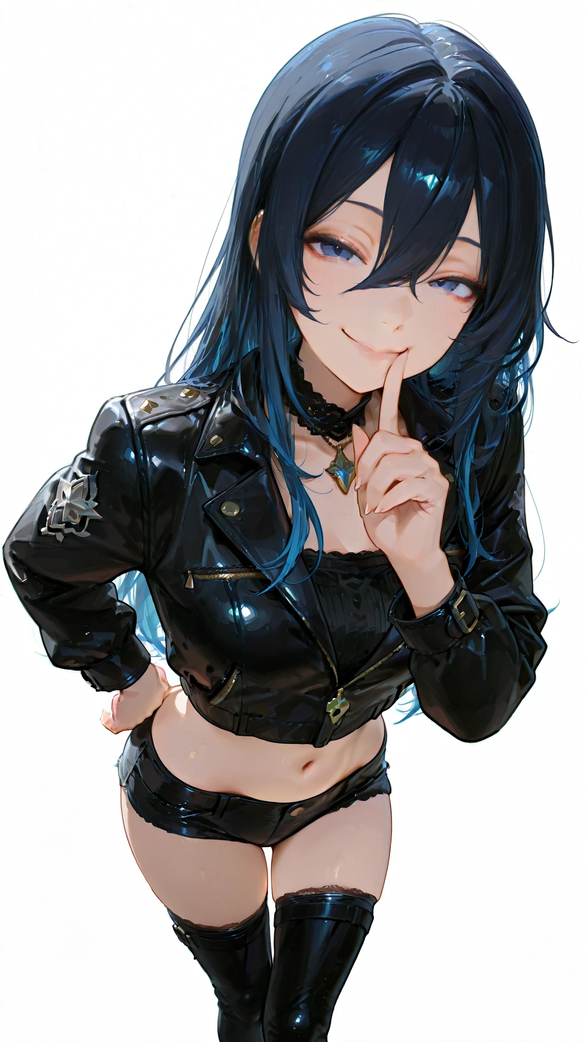 <lora:An25-003oc-EEE_noob_v1.0a1-000210:1>, <lora:nyalia:0.8>, nyalia, 
1girl, solo, EEE, x hair ornament, medium hair, dark blue hair, 
looking at viewer, smile, blush, open mouth, small breasts, underboob, cleavage, black jacket, open jacket, leather jacket, bikini, long sleeves, earrings, necklace, o-ring top, chain, strapless, 
best quality, amazing quality, very aesthetic, absurdres, beast quality, masterpiece