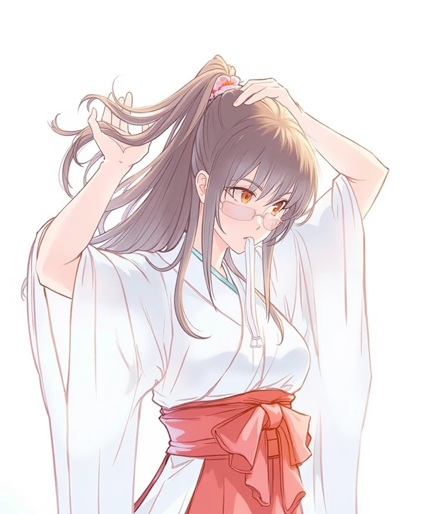 As a coloring book, the color should be black and white, the border should be simple, clear, and bold. [Girl with a ponytail] wearing a [kimono with fox pattern] practicing [kendo] in a [dojo], with [hair ties decorated with fox charms]