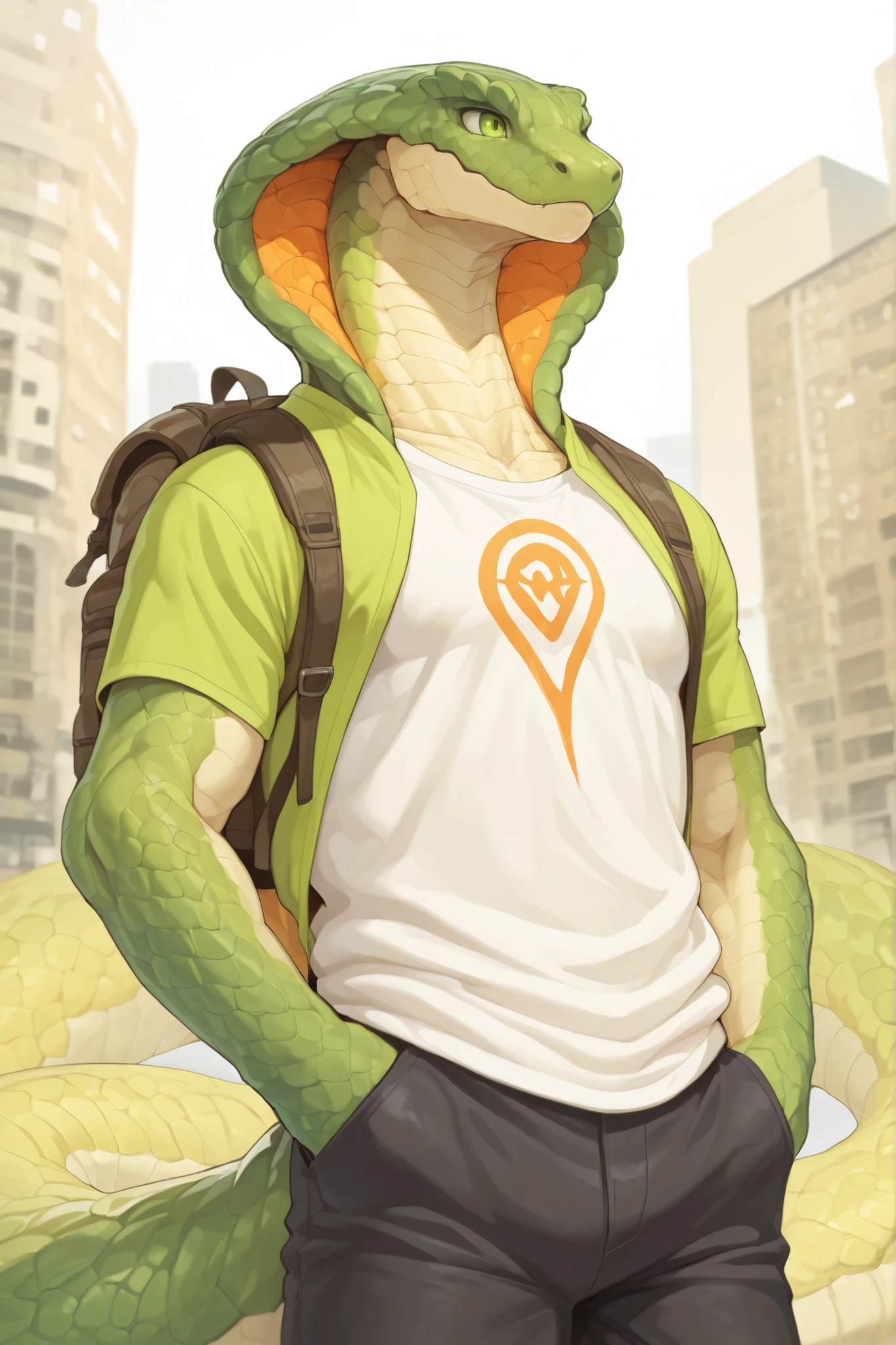 4g1typ3,scales,scalie,anthropomorphic, humanoid snake, yong adult, Male, Green Scales with orange details, snake hood, Green Eyes, long tail, green striped tshirt, black jeans, brow backpack, city Background