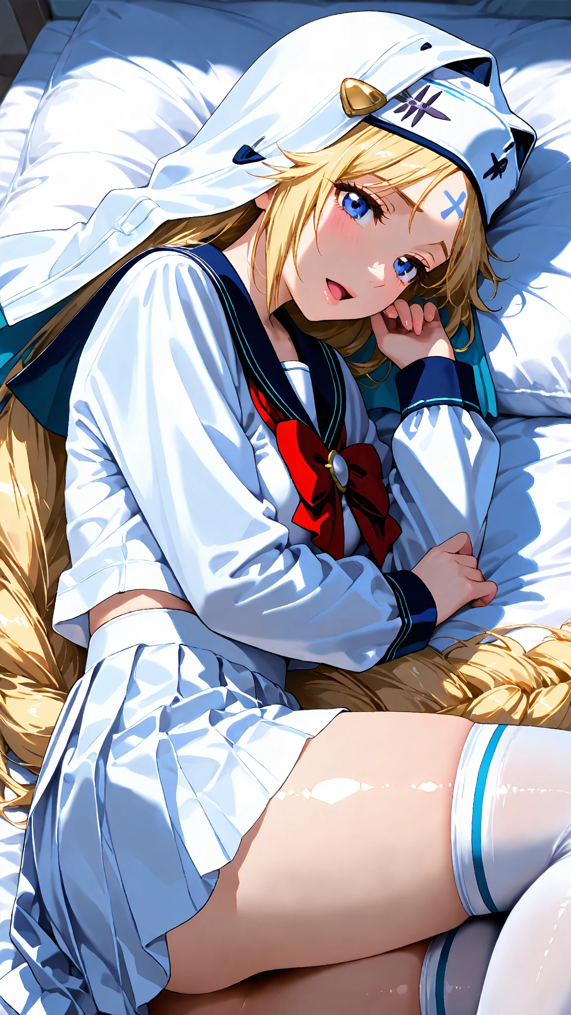 score_9, score_8_up, score_7_up,
best quality, masterpiece, ultra detailed,
<lora:Expressive_H:1>, shy, blush,  nose, lips, aesthetic body, aesthetic face, aesthetic hair, beautiful hair, beautiful eyes,
<lora:Everlasting_Summer_Slavya_by_GraffMetal:0.8>, slavya, blonde hair, very long hair, long hair, twin braids, blue eyes, 
belt, feet, lying, on side, black bed, eyes closed, sleeping, white collared shirt, short sleeves, belt, blue skirt, white high socks, cleavage, solo, short skirt, 
amazing background,