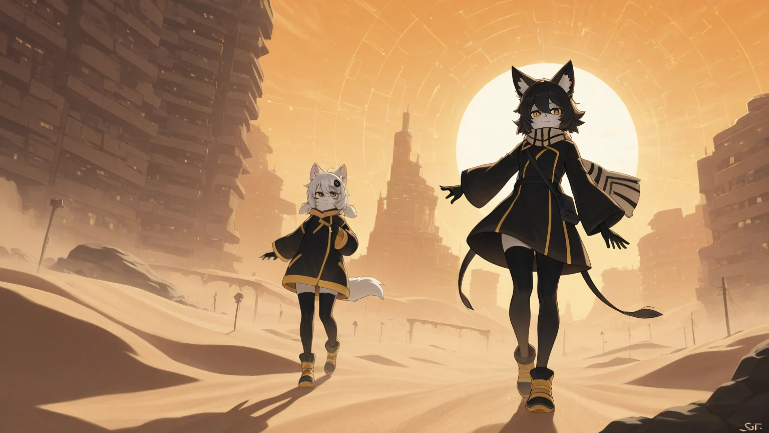 Kawaii, Striped Fluffy Fox, emaciated, long hair, 3girls, artificial synthetic skin, life support prosthetics, digital headphones, black tight  , white long dress, thigh-high-socks, shorts, loose off-the-shoulder hood , holsters in thigh, Mechanical boots, tactical knee pads, tactical belted loose Arm Sleeves, cybernetic Display gloves, chest rigs, tactical belts, blue archive halo, bulletproof goggles on forehead, from Ark nights, ray tracing, depth of field, bloom, masterpiece, ccurate, high details, highres