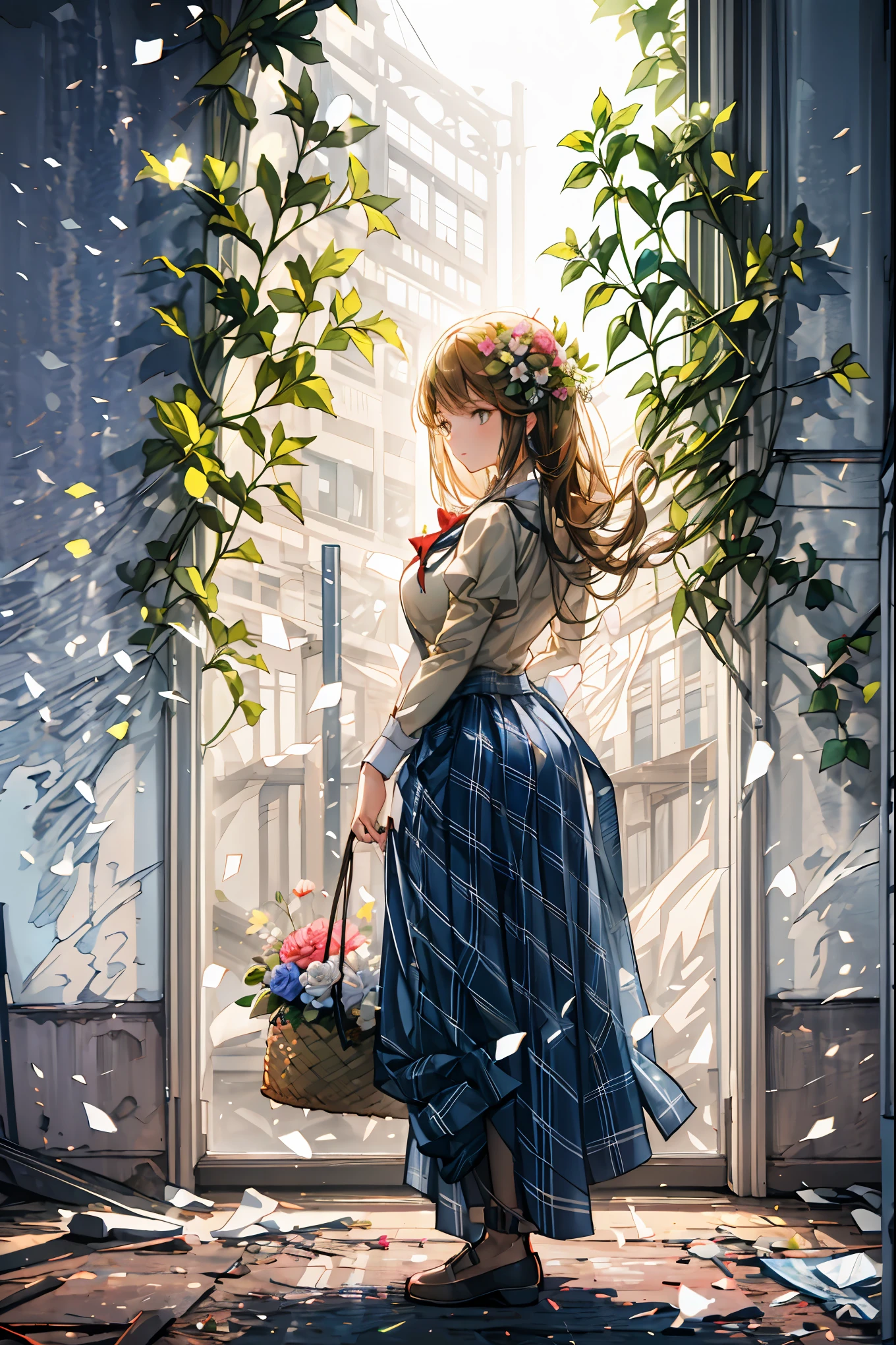 The Ruined Gardener,android girl,I'm planting flowers,((Flower basket in the hand)),Cowboy Shot,ruins covered with ivy,4K,Ultra Detailed ,advanced physical depiction,professional,vivid colors,Bokeh,Large scale ruins,android surrounded by greenery,expressive female android, Overgrown Plants ,abandoned buildings with ages,sunlight shining through windows,artistic composition,Digital Art,Realistic