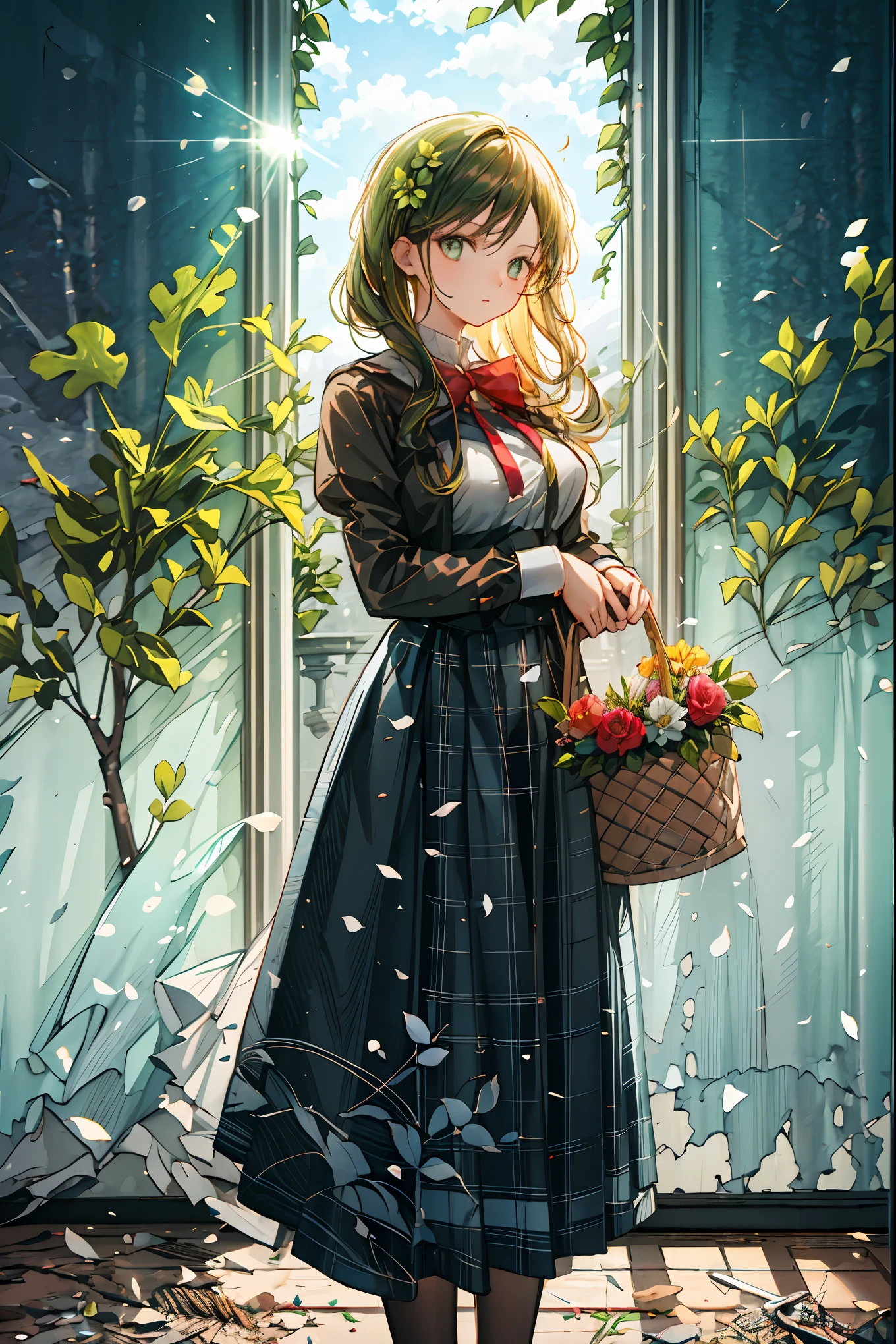 The Ruined Gardener,android girl,I'm planting flowers,((Flower basket in the hand)),Cowboy Shot,ruins covered with ivy,4K,Ultra Detailed ,advanced physical depiction,professional,vivid colors,Bokeh,Large scale ruins,android surrounded by greenery,expressive female android, Overgrown Plants ,abandoned buildings with ages,sunlight shining through windows,artistic composition,Digital Art,Realistic