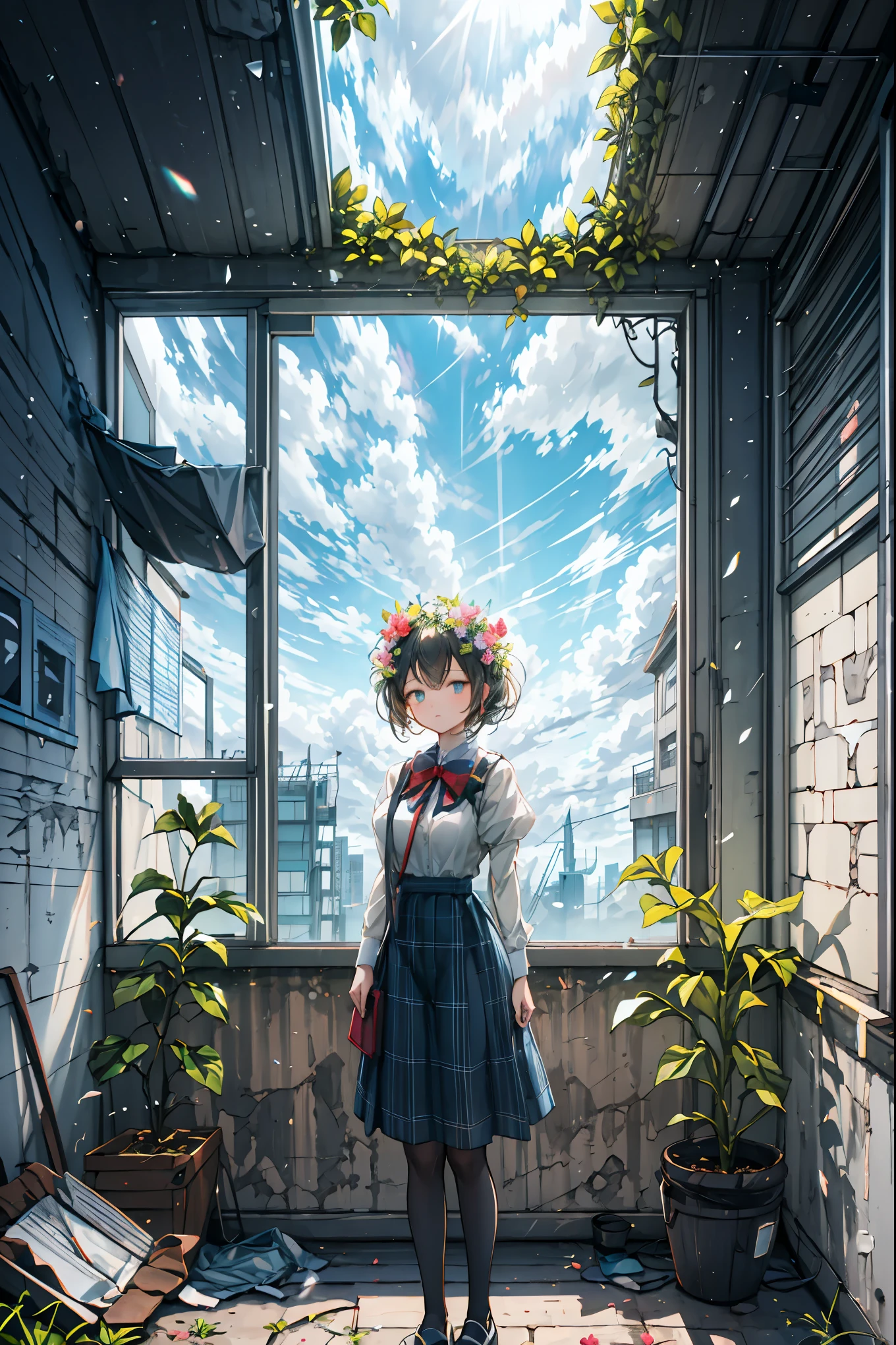 The Ruined Gardener,android girl,I'm planting flowers，((Flower basket in the hand))，Cowboy Shot，ruins covered with ivy,4K,Ultra Detailed ,advanced physical depiction,professional,vivid colors,Bokeh,Large scale ruins,android surrounded by greenery,expressive female android, Overgrown Plants ,abandoned buildings with ages,sunlight shining through windows,artistic composition,Digital Art,Realistic