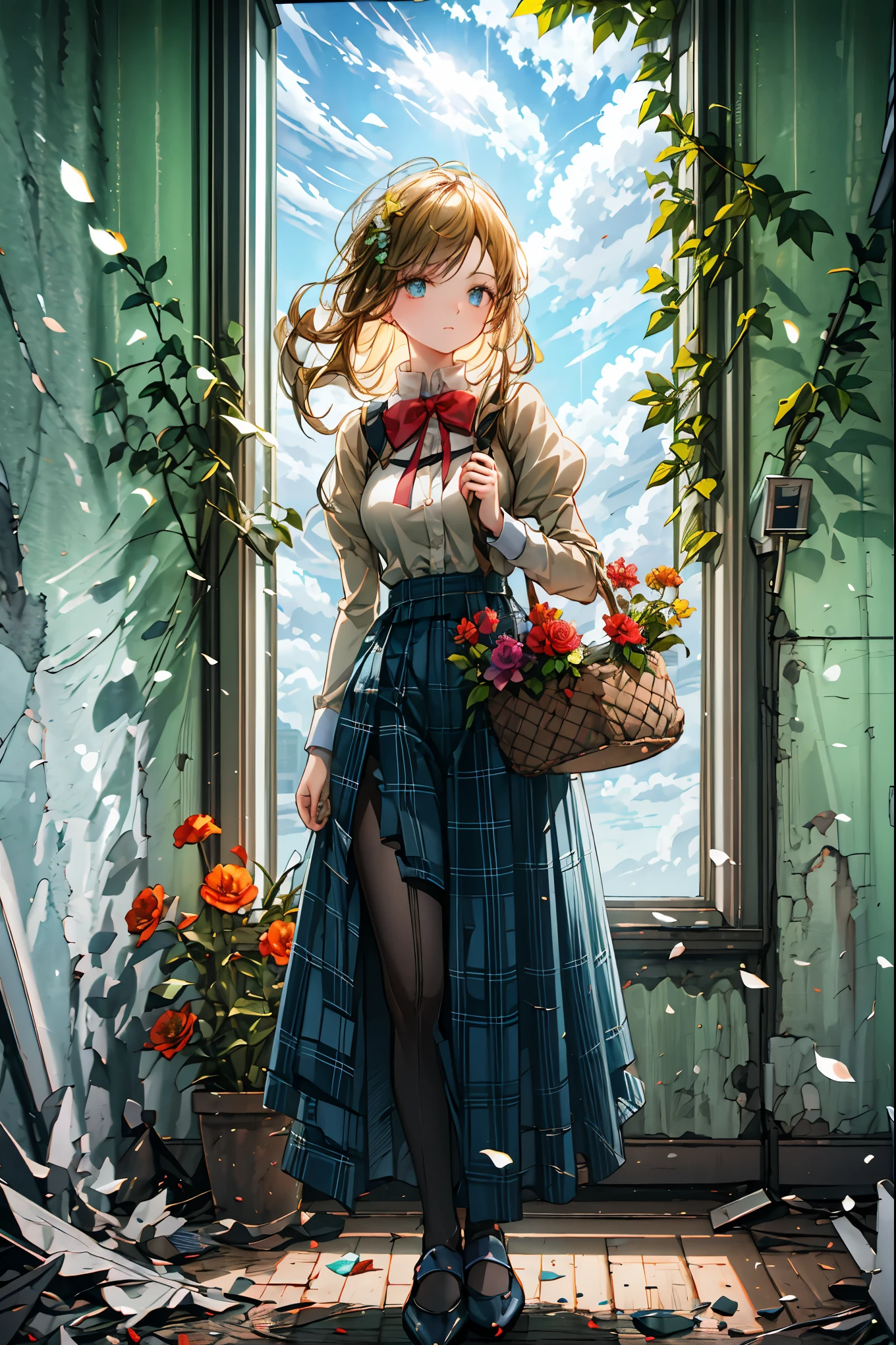 The Ruined Gardener,android girl,I'm planting flowers,((Flower basket in the hand)),Cowboy Shot,ruins covered with ivy,4K,Ultra Detailed ,advanced physical depiction,professional,vivid colors,Bokeh,Large scale ruins,android surrounded by greenery,expressive female android, Overgrown Plants ,abandoned buildings with ages,sunlight shining through windows,artistic composition,Digital Art,Realistic