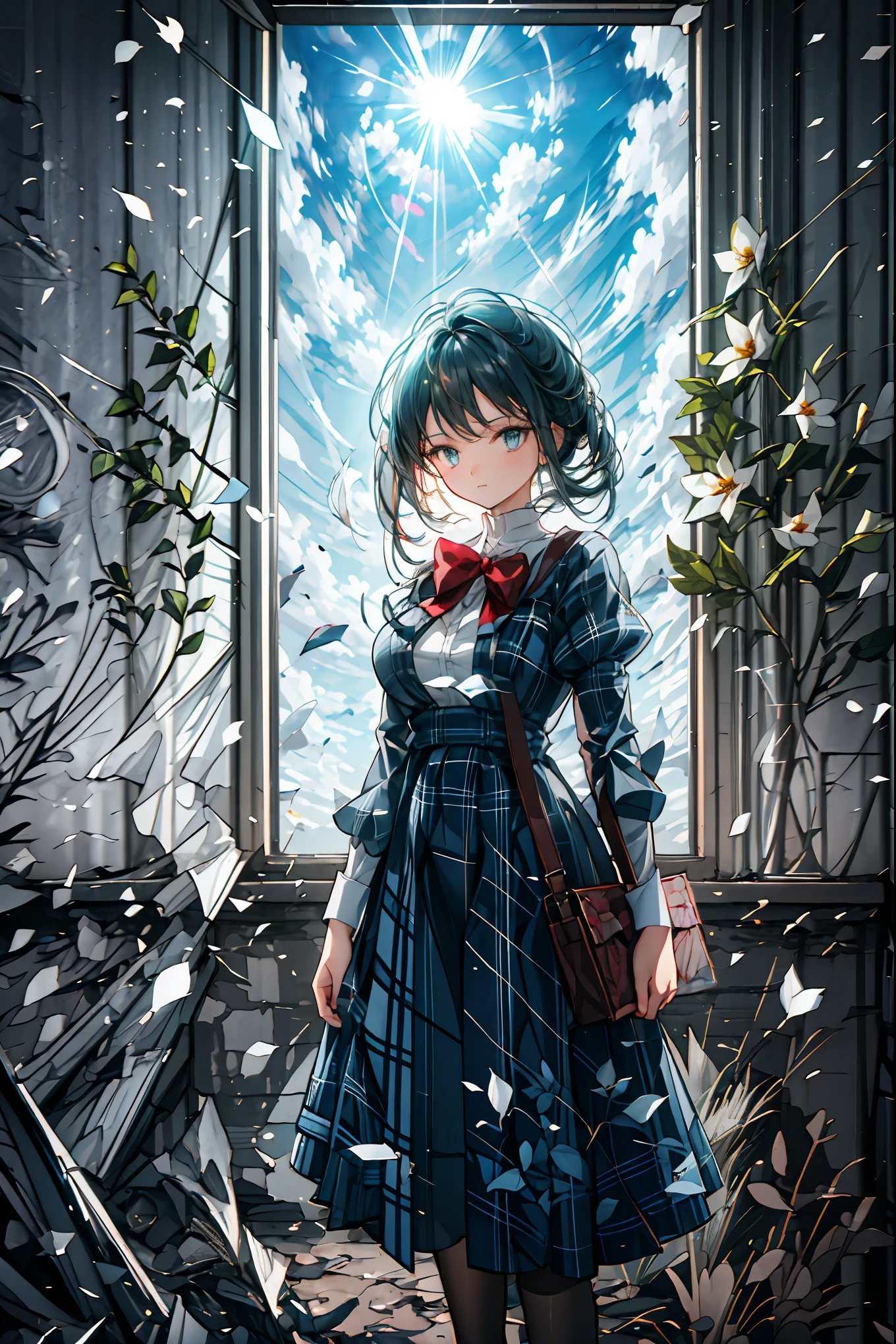 The Ruined Gardener,android girl,I'm planting flowers,((Flower basket in the hand)),Cowboy Shot,ruins covered with ivy,4K,Ultra Detailed ,advanced physical depiction,professional,vivid colors,Bokeh,Large scale ruins,android surrounded by greenery,expressive female android, Overgrown Plants ,abandoned buildings with ages,sunlight shining through windows,artistic composition,Digital Art,Realistic