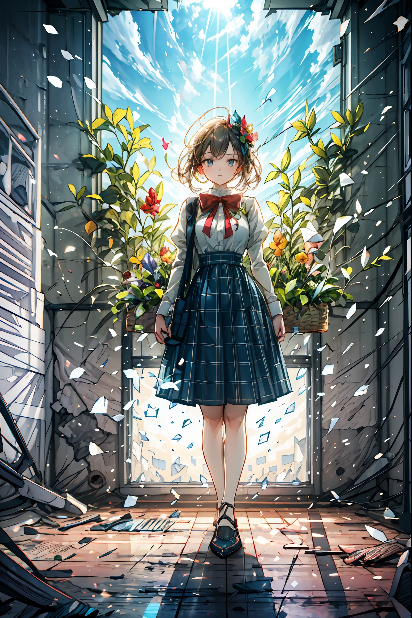 The Ruined Gardener,android girl,I'm planting flowers,((Flower basket in the hand)),Cowboy Shot,ruins covered with ivy,4K,Ultra Detailed ,advanced physical depiction,professional,vivid colors,Bokeh,Large scale ruins,android surrounded by greenery,expressive female android, Overgrown Plants ,abandoned buildings with ages,sunlight shining through windows,artistic composition,Digital Art,Realistic