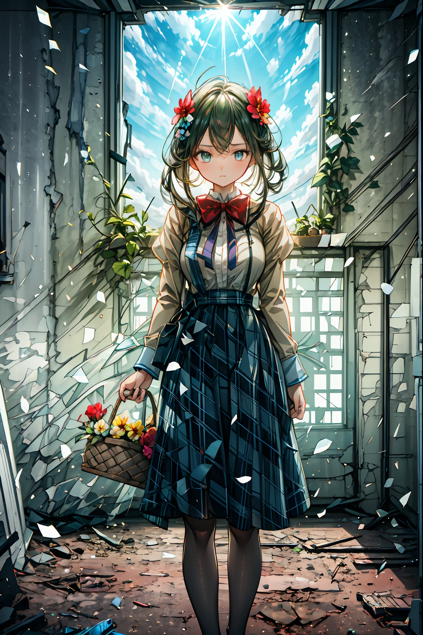 The Ruined Gardener,android girl,I'm planting flowers,((Flower basket in the hand)),Cowboy Shot,ruins covered with ivy,4K,Ultra Detailed ,advanced physical depiction,professional,vivid colors,Bokeh,Large scale ruins,android surrounded by greenery,expressive female android, Overgrown Plants ,abandoned buildings with ages,sunlight shining through windows,artistic composition,Digital Art,Realistic