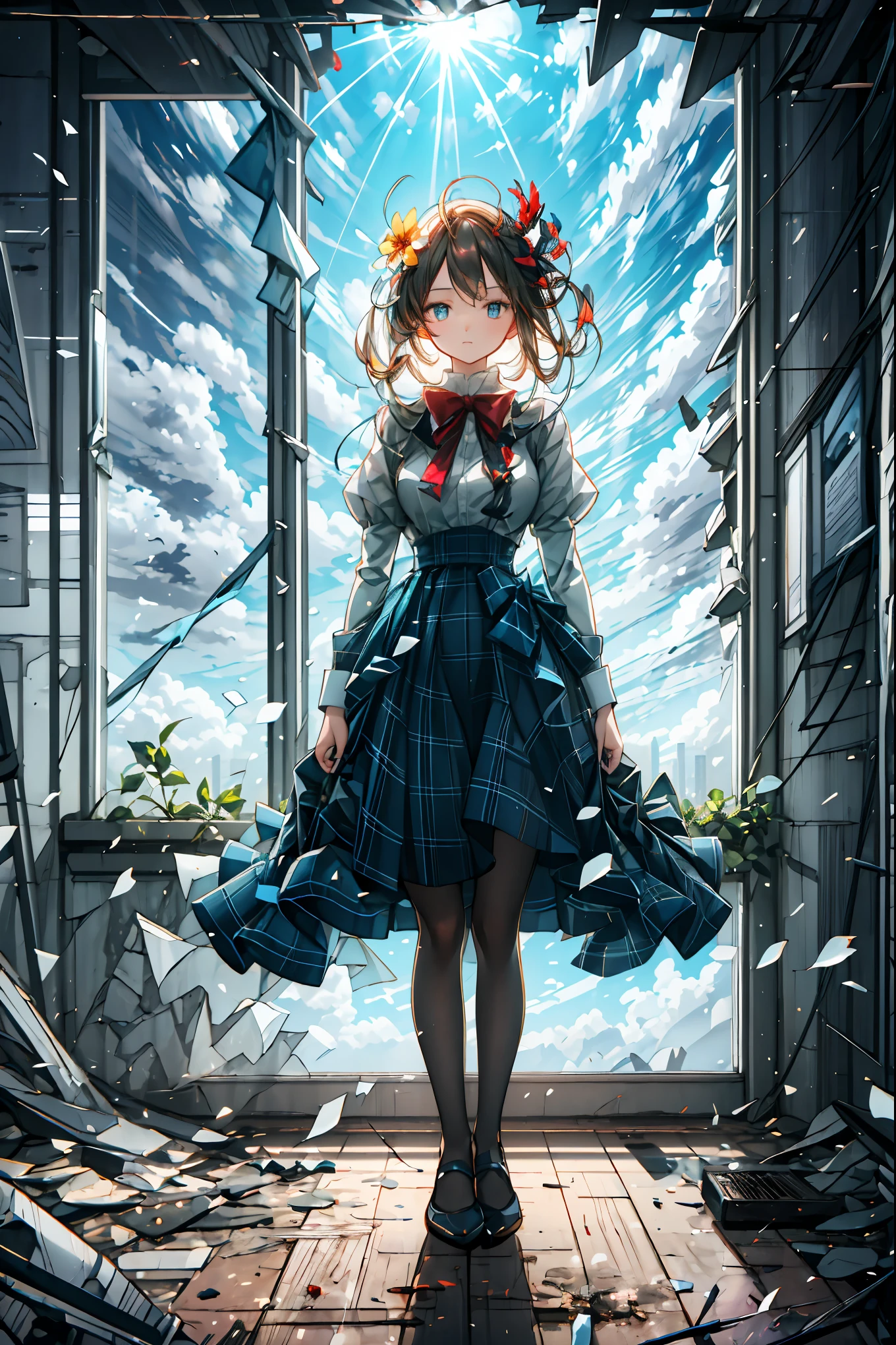 The Ruined Gardener,android girl,I'm planting flowers,((Flower basket in the hand)),Cowboy Shot,ruins covered with ivy,4K,Ultra Detailed ,advanced physical depiction,professional,vivid colors,Bokeh,Large scale ruins,android surrounded by greenery,expressive female android, Overgrown Plants ,abandoned buildings with ages,sunlight shining through windows,artistic composition,Digital Art,Realistic