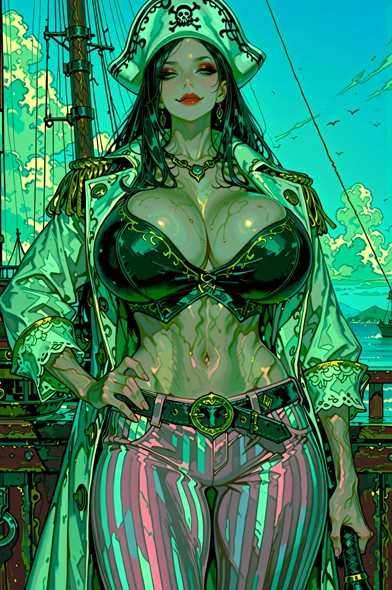 capcom_style, intricate detail, masterpiece, best quality, newest, absurdres, highres, 1girl, solo, (gigantic breasts:), muscular, green eyes, black hair, long hair, makeup, lipstick, red lips, hat, white headwear, jewelry, open coat, long coat, open clothes,long sleeves, midriff, belt, groin, striped pants, pink pants, hand on hip, other hand holding club, smirk, long torso, navel, outdoors, pirate ship, Smooth_Quality