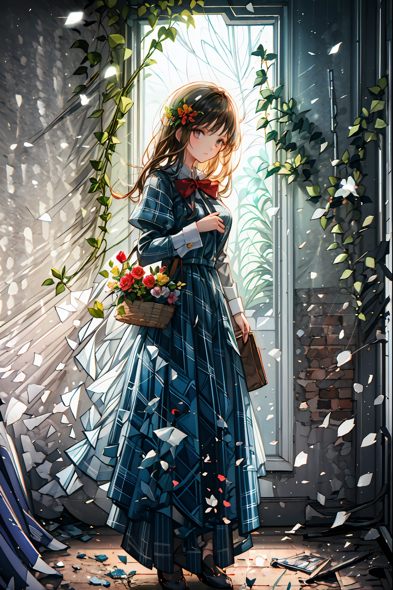 The Ruined Gardener,android girl,I'm planting flowers,((Flower basket in the hand)),Cowboy Shot,ruins covered with ivy,4K,Ultra Detailed ,advanced physical depiction,professional,vivid colors,Bokeh,Large scale ruins,android surrounded by greenery,expressive female android, Overgrown Plants ,abandoned buildings with ages,sunlight shining through windows,artistic composition,Digital Art,Realistic