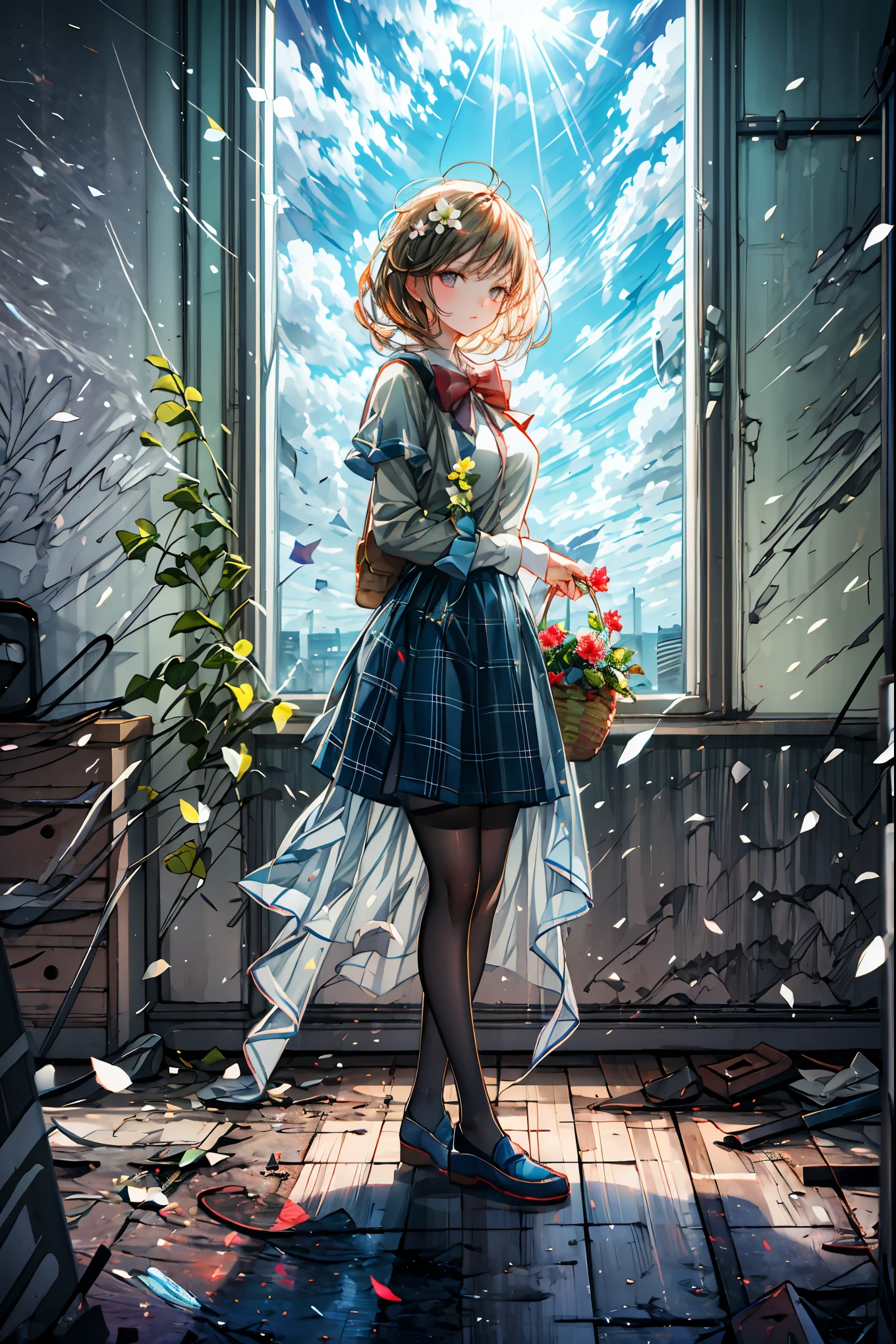 The Ruined Gardener,android girl,I'm planting flowers,((Flower basket in the hand)),Cowboy Shot,ruins covered with ivy,4K,Ultra Detailed ,advanced physical depiction,professional,vivid colors,Bokeh,Large scale ruins,android surrounded by greenery,expressive female android, Overgrown Plants ,abandoned buildings with ages,sunlight shining through windows,artistic composition,Digital Art,Realistic