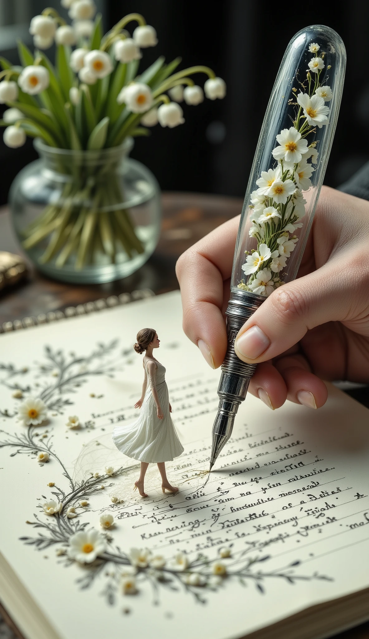 macro photography, a transparent 3d fountain pen with tiny lilies of the valley inside in a person's hand, flowing in intricate thin threads from the tip of the pen, a 3d projection of a long train of a dress, an image of a beautiful miniature romantic woman in a light dress with a train of lilies of the valley comes to life on a handwritten sheet in a jumping position, a lily of the valley lies on a table, delicate colors, rendering, digital painting, detail, high resolution.