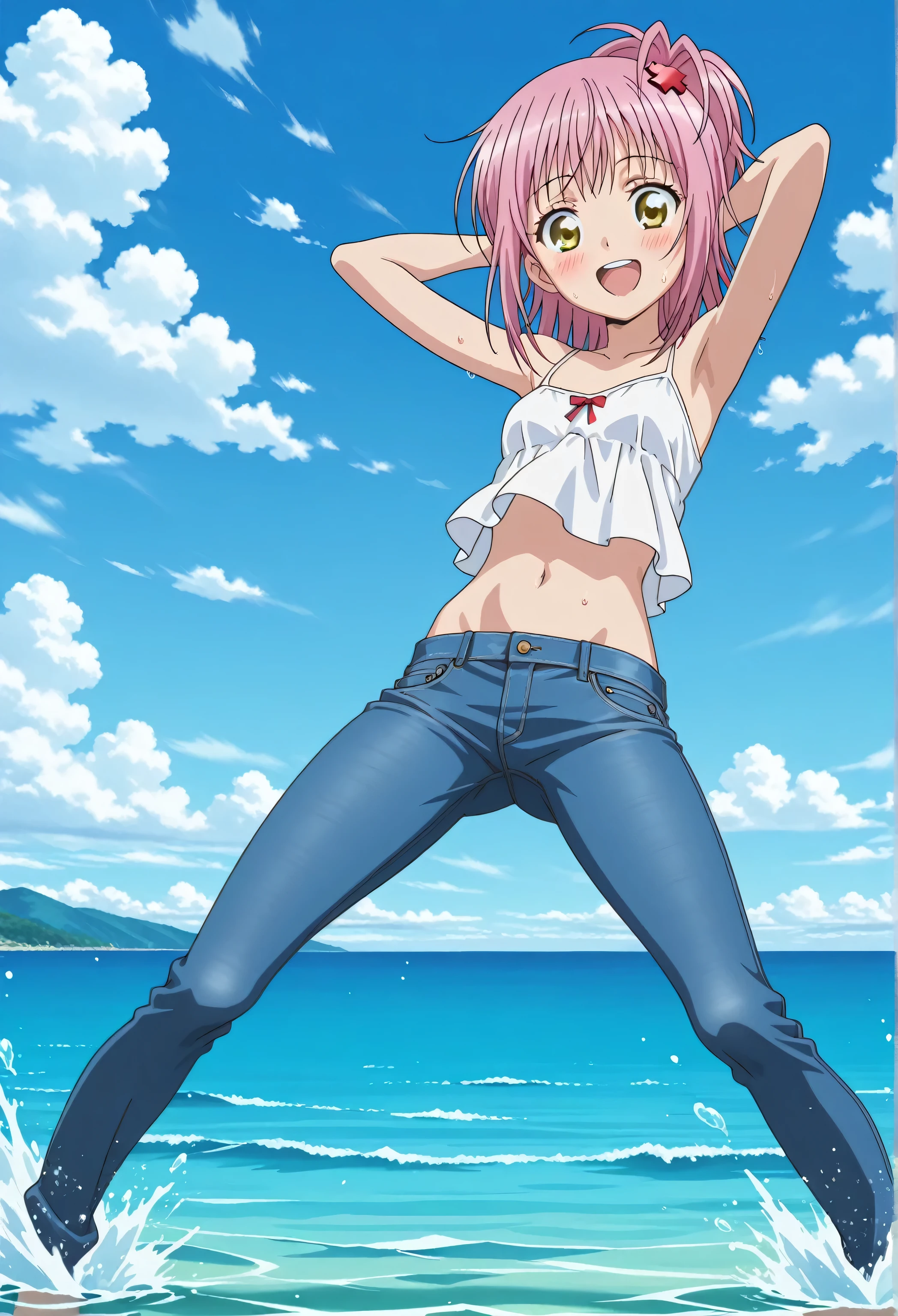 score_9, score_8_up, score_7_up, source_anime, highres, hi res, best quality, top quality, masterpiece, 2d, intricate details, official style, anime, 4k, anime style, 1 girl, Alone, solo, ((ocean)), tsunami, on the water, day, outdoors, sky, windy, amu hinamori, short hair, hair ornament, yellow eyes, pink hair, anime screencap, small breasts, white camisole top, crop top, white crop top, best quality, ((blue jeans:1.9)), (dark blue jeans:0.6), full medium body, medium shot, Open mouth, smiling, happy face, blush, sweat, standing, arms behind head, bowlegged, jumping pose, action, looking at viewer, spread legs, Bend knees slightly, straight-on front view