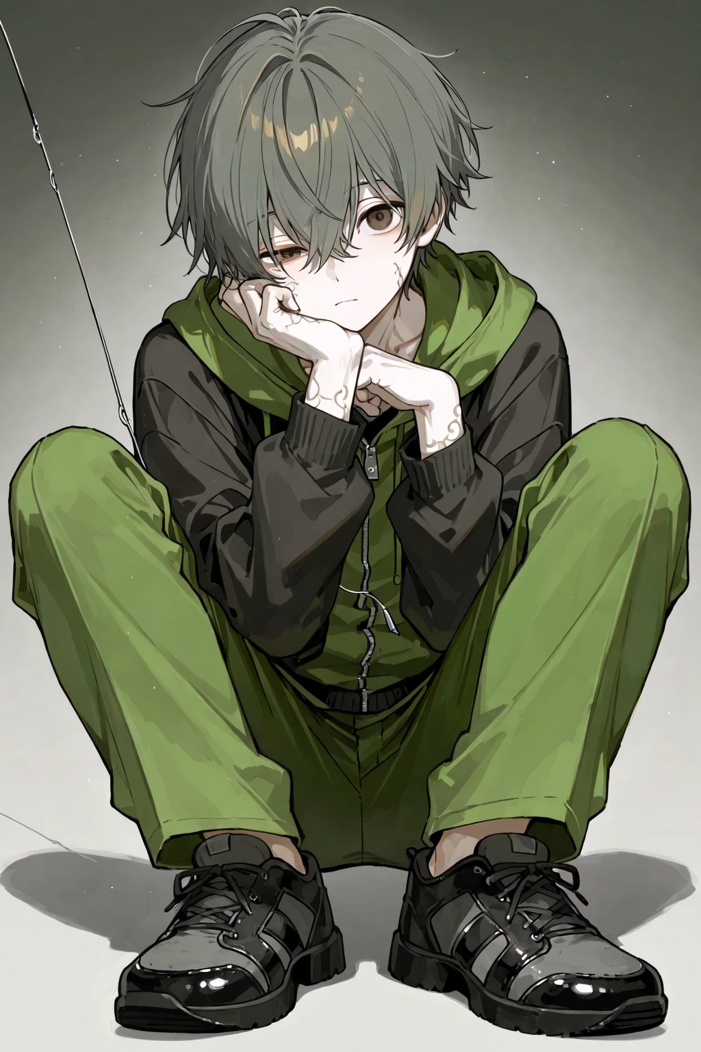 Boy man teenager aesthetic lonely, with black sweater, a lock of green hair with headphones, in a dusk.