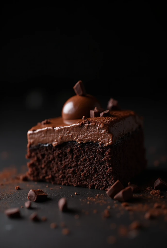 cinematic film still chocolate, chocolate cake, dark background, quality photo, moist texture, frosting, studio photo, slice . shallow depth of field, vignette, highly detailed, high budget, bokeh, cinemascope, moody, epic, gorgeous, film grain, grainy