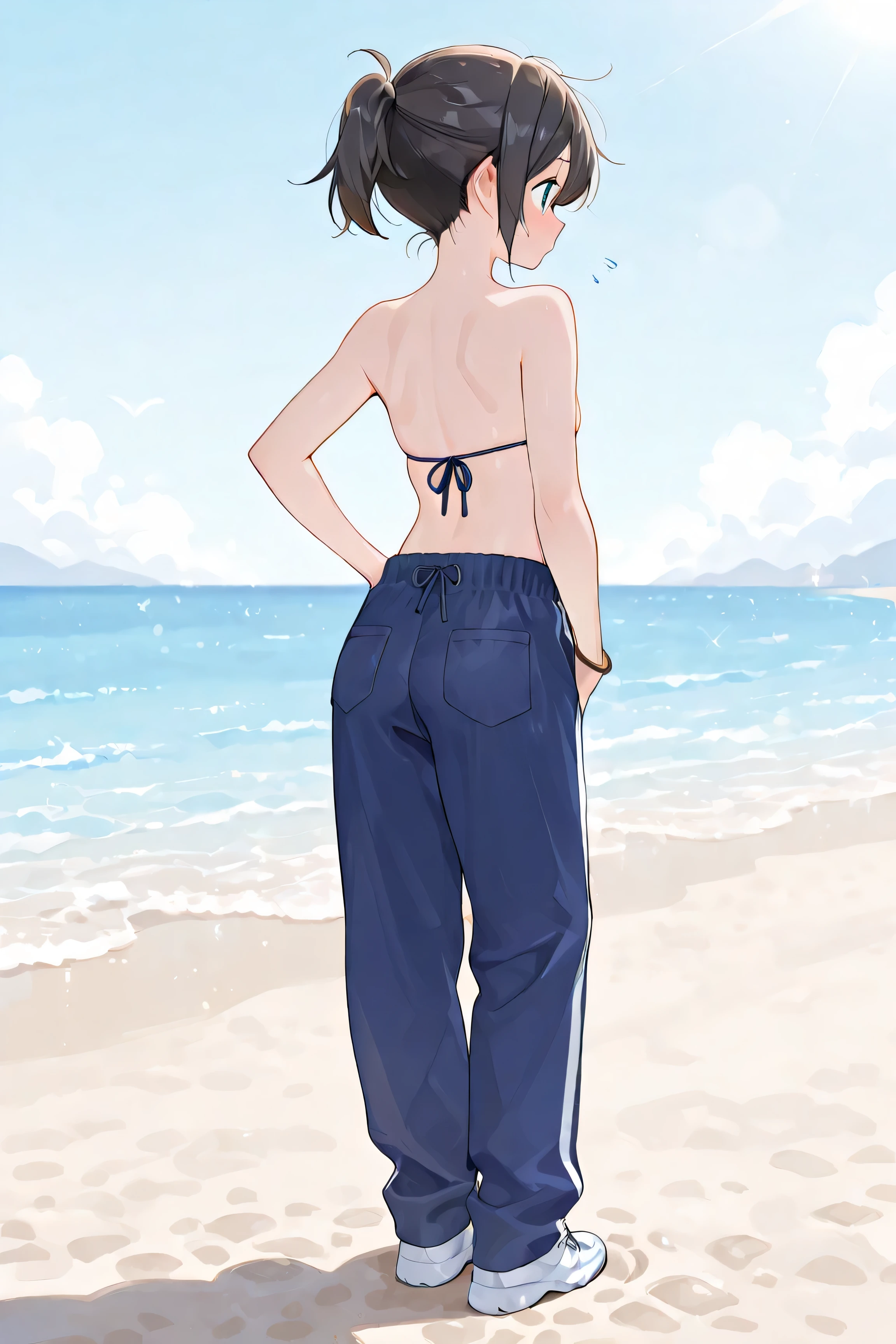 ten year old boy 、topless、After Sun Bikini Top、Mens Swimsuit Pants、sandy beach、is embarrassing 、moment you notice、cute face、Short Hair Ponytail、full body view、nsfw