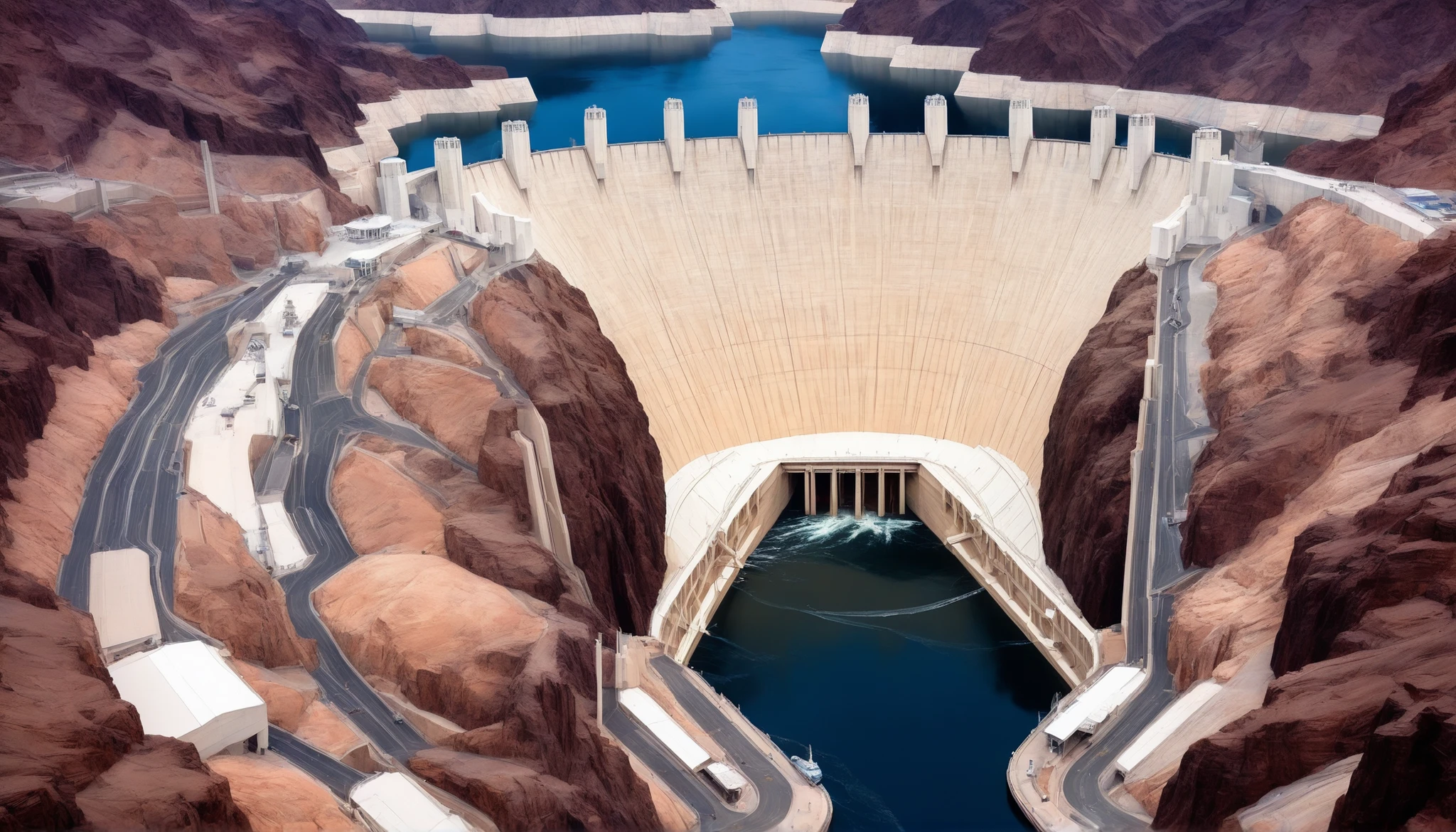 high-definition images、Nevada、The huge Hoover Dam、Image taken from above、dammed the Colorado River、Lake Made was formed from stored water、fish at Lake Maid,  jet ski, wait. You can、Spectacular dam exterior、mega structure,
