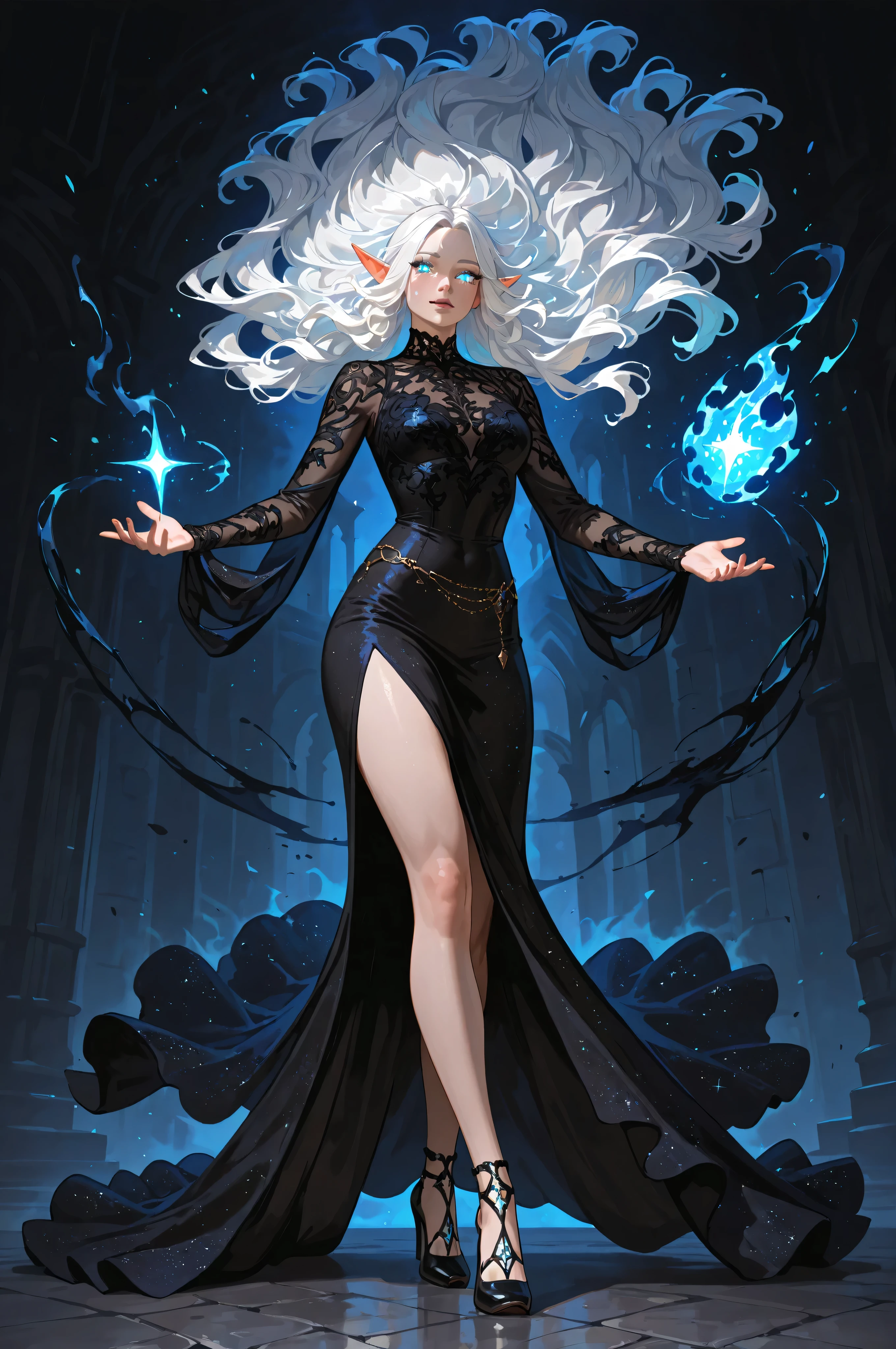 femillustration, portrait a  female elf, fair skin, white hair, long hair, wavy hair, flowing hair, sparkling fiery eyes, there are jewelry in her hair, wearing  dark silk dress, intricate dress, high heels, best quality, 16k, ultra detailed, masterpiece, best quality, (extremely detailed), dynamic angle, ultra wide shot, photorealistic, fantasy art, dnd art, fantasy art, realistic art, perfect face, perfect body, glow outline perfect face, perfect body