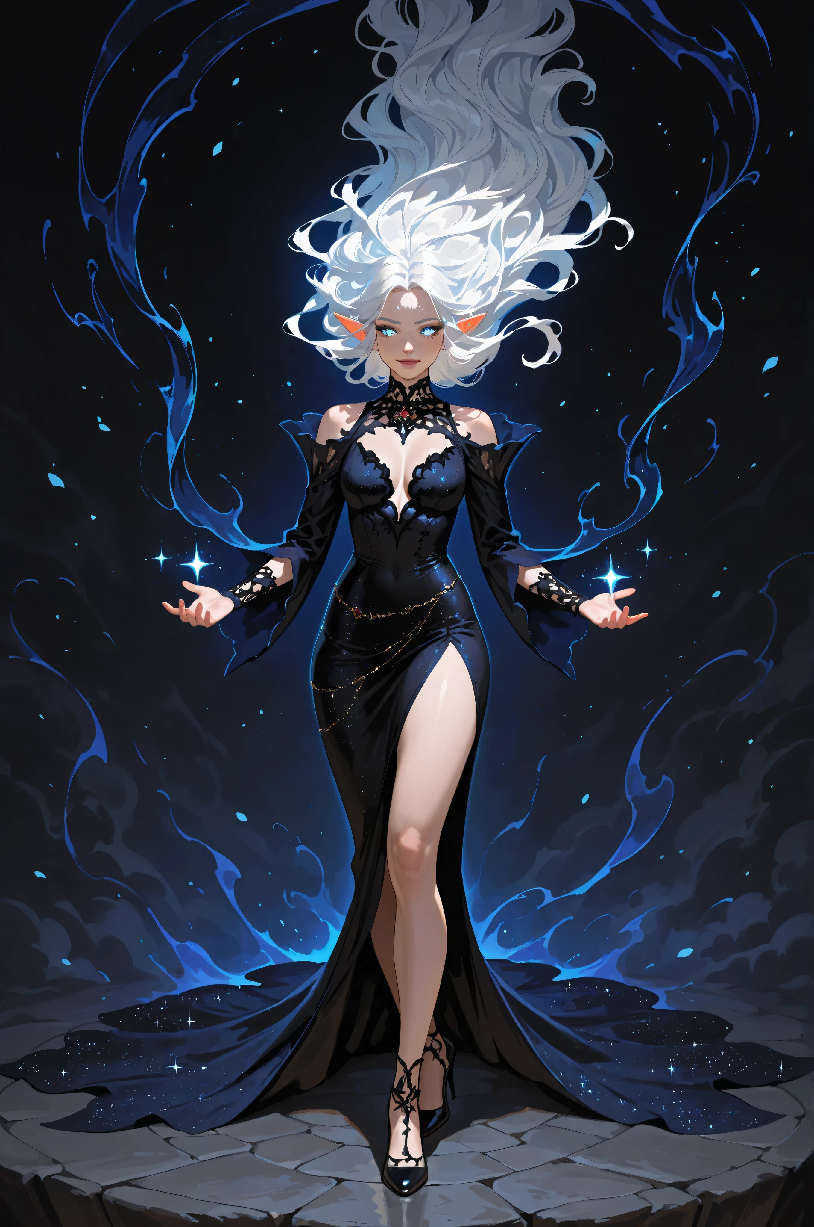 femillustration, portrait a female elf, fair skin, white hair, long hair, wavy hair, flowing hair, sparkling fiery eyes, there are jewelry in her hair, wearing dark silk dress, intricate dress, high heels, best quality, 16k, ultra detailed, masterpiece, best quality, (extremely detailed), dynamic angle, ultra wide shot, photorealistic, fantasy art, dnd art, fantasy art, realistic art, perfect face, perfect body, glow outline perfect face, perfect body