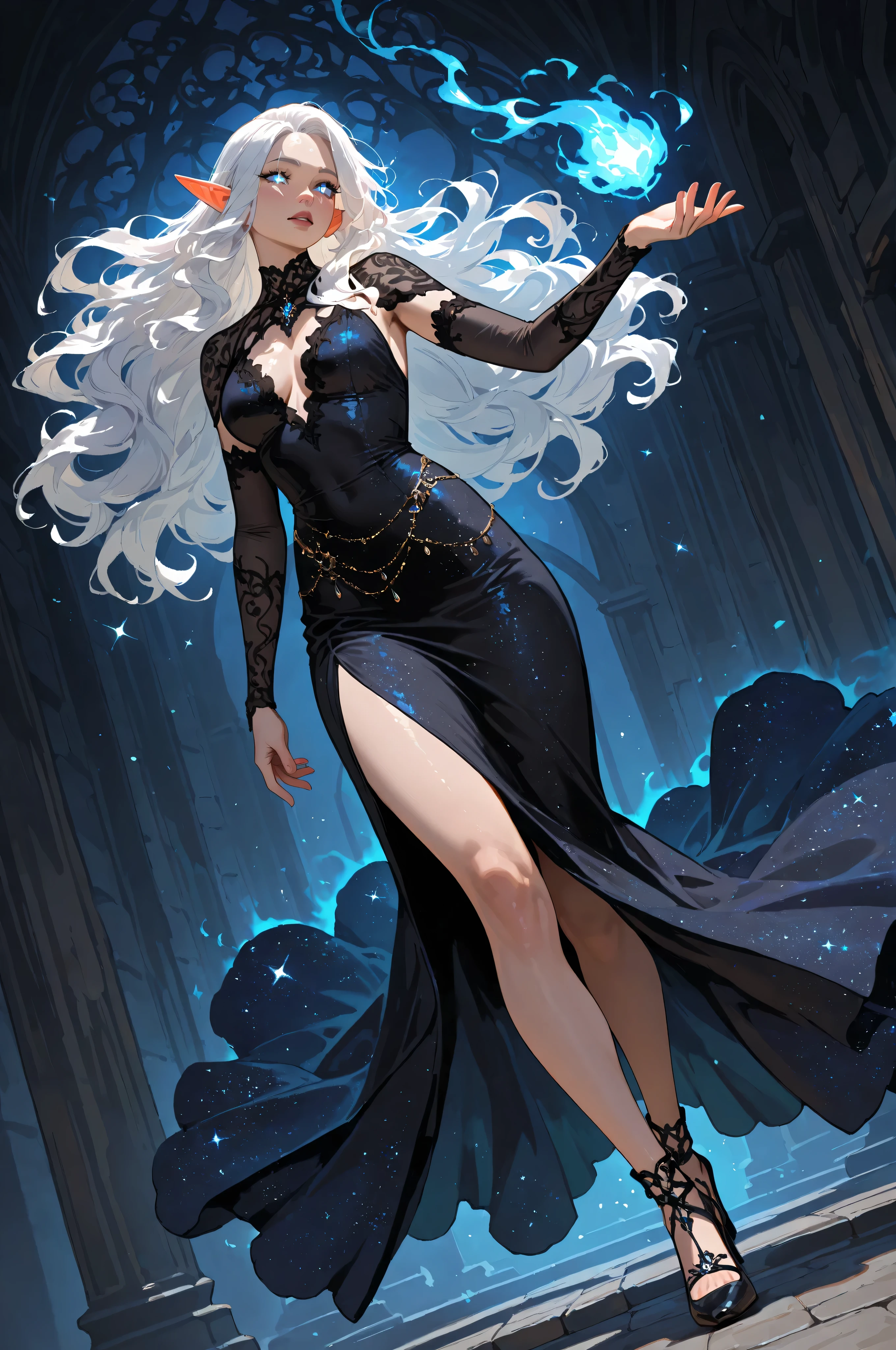 femillustration, portrait a  female elf, fair skin, white hair, long hair, wavy hair, flowing hair, sparkling fiery eyes, there are jewelry in her hair, wearing  dark silk dress, intricate dress, high heels, best quality, 16k, ultra detailed, masterpiece, best quality, (extremely detailed), dynamic angle, ultra wide shot, photorealistic, fantasy art, dnd art, fantasy art, realistic art, perfect face, perfect body, glow outline perfect face, perfect body
