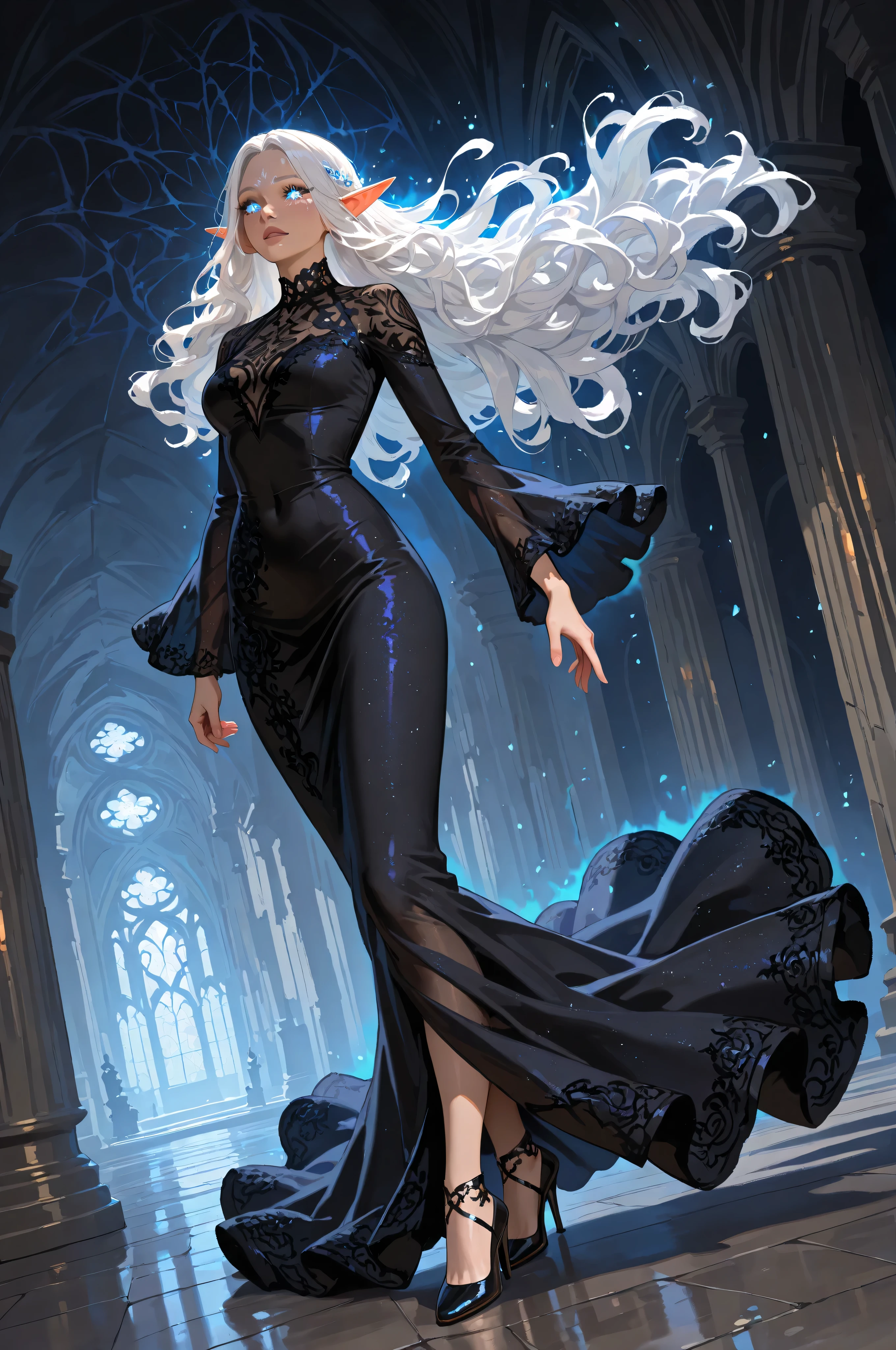 femillustration, portrait a female elf, fair skin, white hair, long hair, wavy hair, flowing hair, sparkling fiery eyes, there are jewelry in her hair, wearing dark silk dress, intricate dress, high heels, best quality, 16k, ultra detailed, masterpiece, best quality, (extremely detailed), dynamic angle, ultra wide shot, photorealistic, fantasy art, dnd art, fantasy art, realistic art, perfect face, perfect body, glow outline perfect face, perfect body