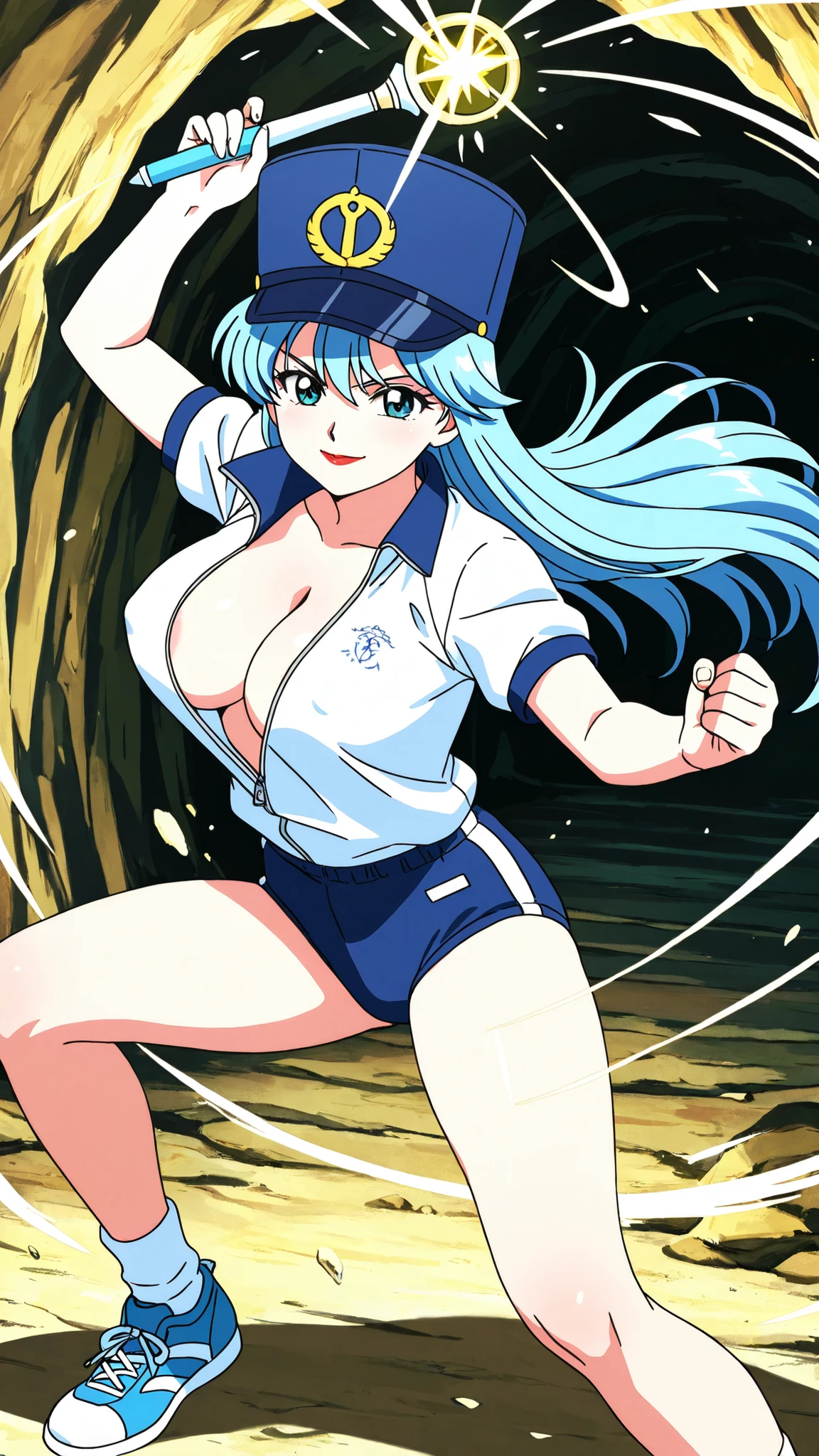 1990's high quality anime style, Zulbon holding a magic wand and taking a fighting pose, one woman, blue hair, blue hat with a yellow mark, long hair, serious expression, smiling, red lips, large breasts, upper body is wearing a tight-looking white gym uniform with short sleeves and a wide open collar revealing cleavage, no bra, areola, lower body is wearing a navy blue high-cut buruma with white lines, white long socks, blue sneakers, fighting pose, magic wand, dynamic image, slight effects of magic and impact, location is a cave,