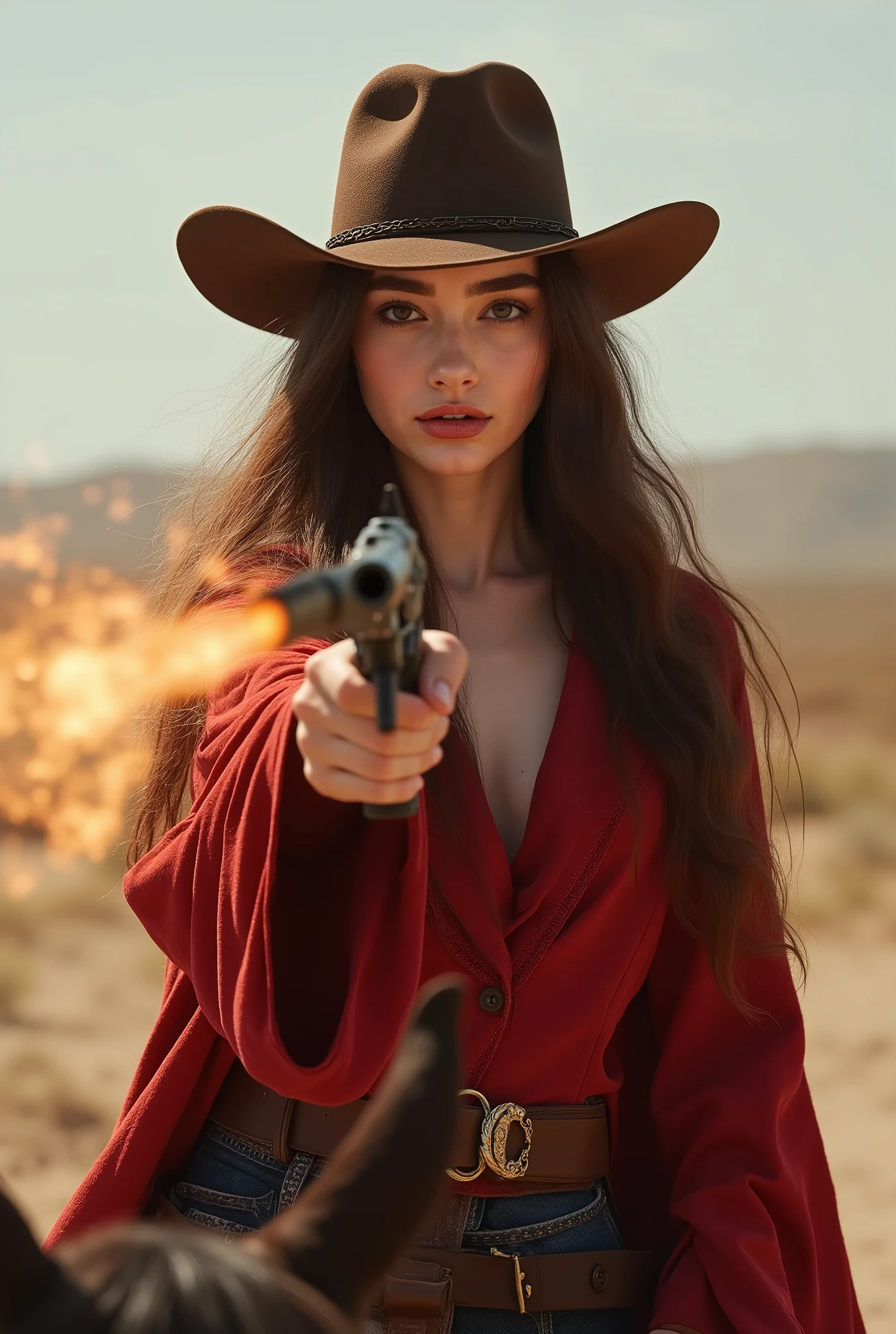 a female, ((MAIOR QUALIDADE)), ((obra-prima)), (detalhado), ((very detailed face)), high resolution photograph, full body portrait, rosto fino, mulher bonita, (Long brown hair), detalhes dos olhos, double eyelids, (Beautiful eyes and delicate lips), boa luz, (A gunslinger in her 30s wearing a cowboy hat, a holster around the waist and cowboy boots), A scene reminiscent of a Wild West movie in the American desert, She's wearing a red western Mexican style poncho, (She's riding a horse through the wilderness raising dust), (her long hair is flowing in the wind), ((Take the Photo about 50 meters away so that both the person and the horse are in the frame)), She is holding a Single Action Army T Revolver firmly in your right hand, she pulls the trigger with her right index finger to shoot a bullet out of the barrel, ((Glitter and smoke from the gun)), (Flames and sparks from the barrel's mouth), ((pointing a gun at the camera)), a scene from a western movie,