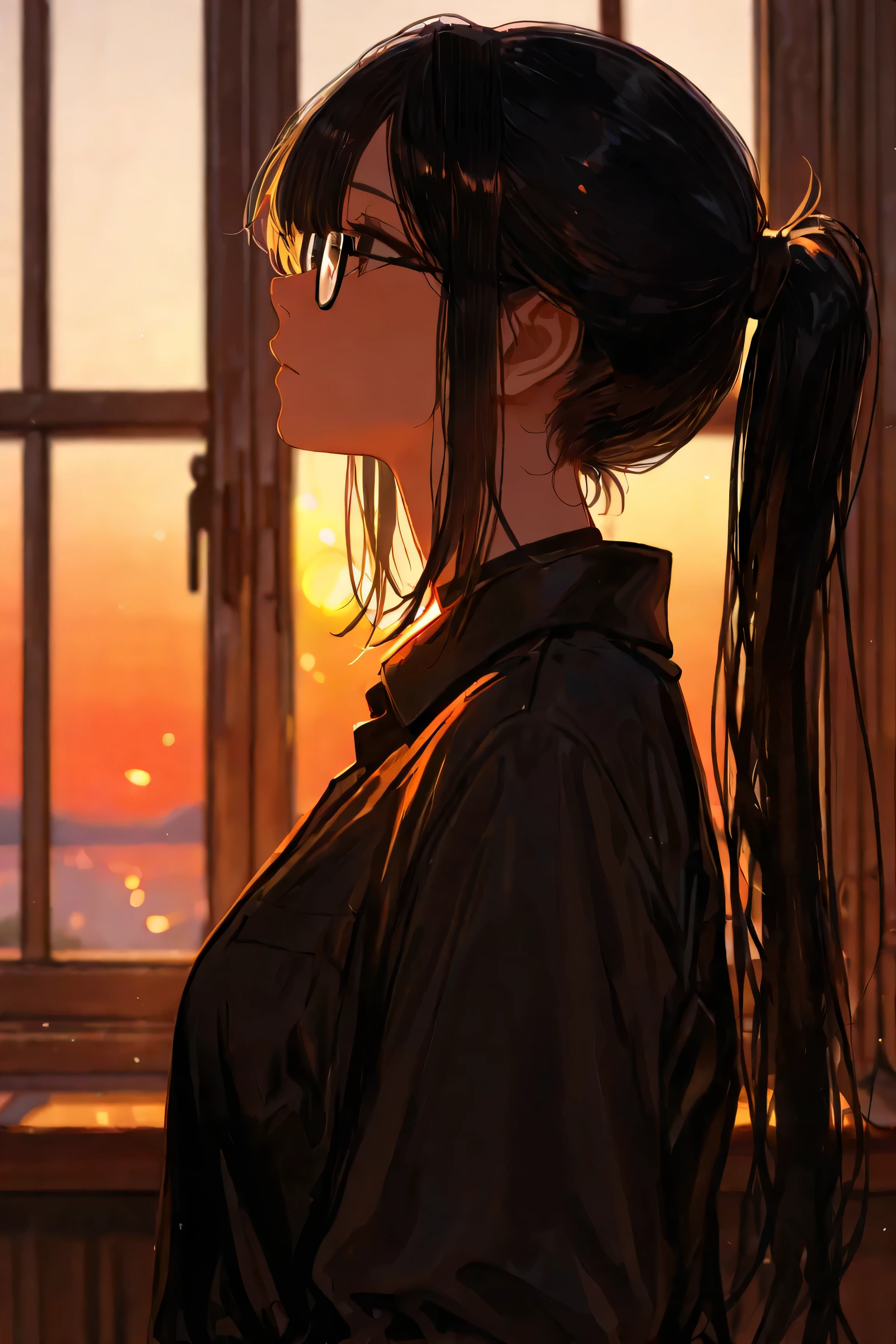 long black hair ponytail,glasses,dignified expression,profile,The window where the sunset shines in,Highest Image Quality