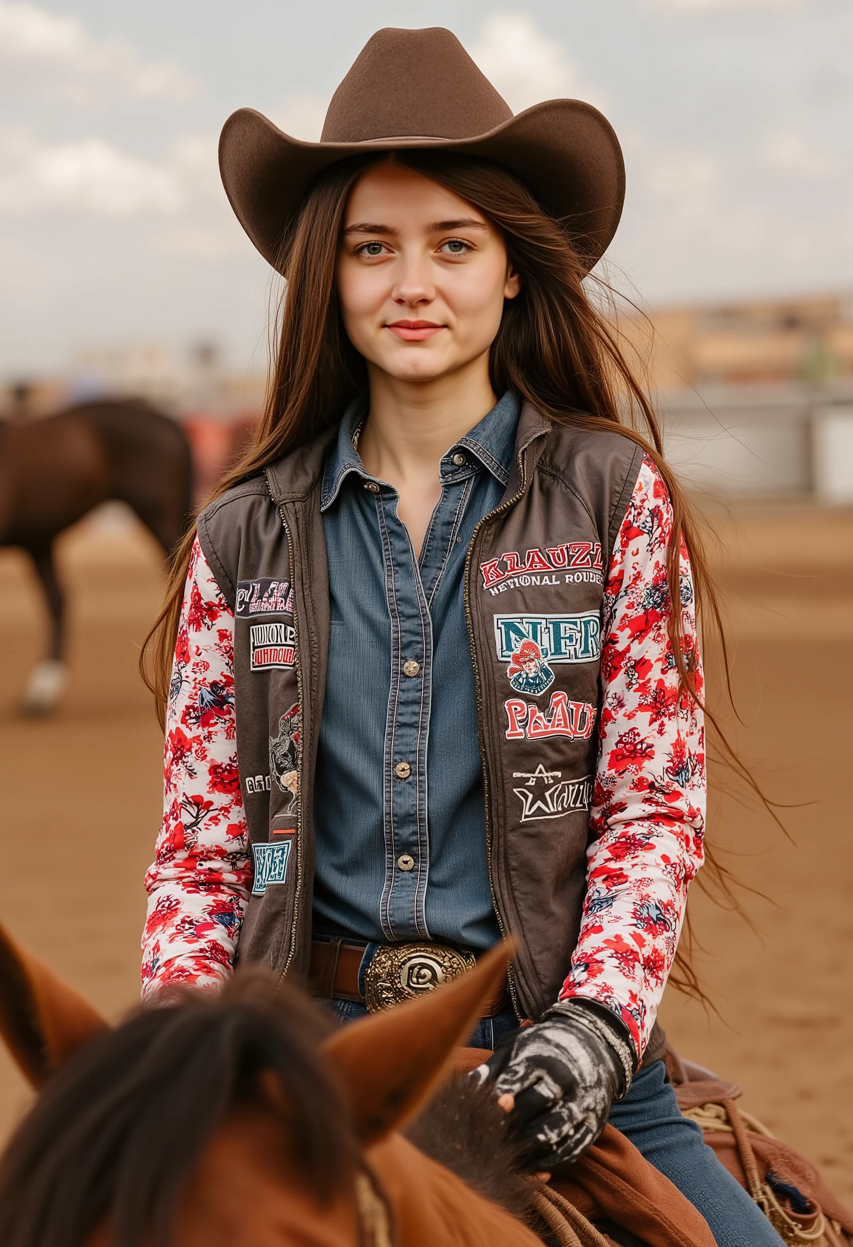 Long-haired brown cowgirl wearing a cowboy hat. With a 3-color denim shirt . Red white with prints and sponsor on the sleeves . And the jacket with the name KLAUSZ . and symbols of the NFR . Com luvas de rodeio . With jeans with prints . Taming a wild horse in a rodeo . On a dusty ranch .