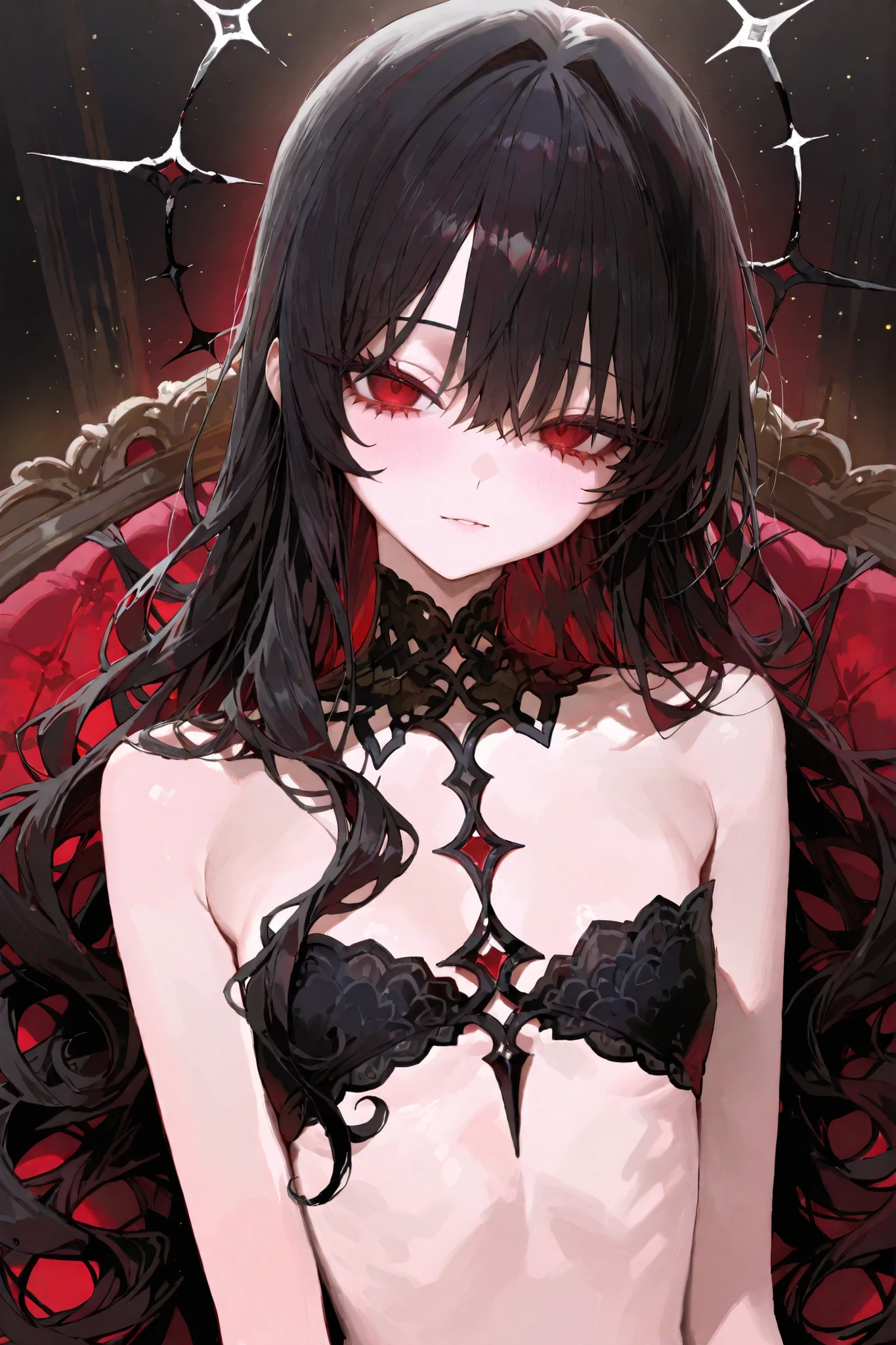 Black wave curly long hair, red eyes, raised eyes, smilling,
Black wavy hair, some curling, long hair, dark black hair, long eyelashes, looking at viewer
small chest, focus chest
Perfect Eyes ,semi-realism art , semi-realism art style, looking at the front, masterpiece, top quality, amazing quality, Exquisite Details
incredibly absurdres, very aesthetic, highres, masterpiece, best quality, amazing quality
-simple illustration, best illustration, novel illustration
artist:freng, artist:modare
, artsit collaboration
, lovely atmosphere, light particles