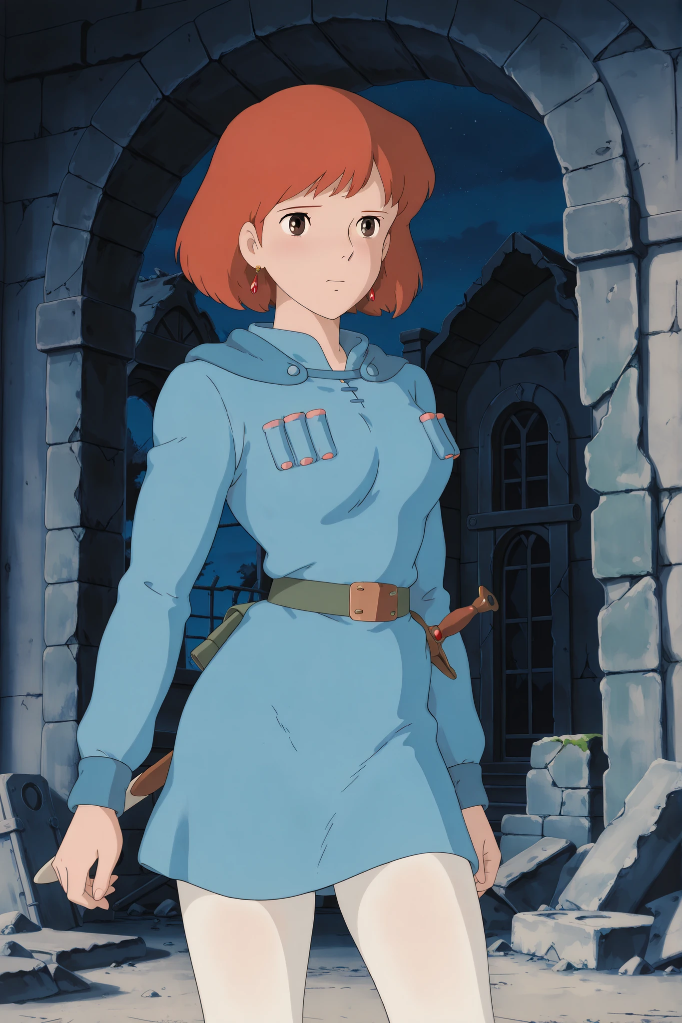 hood,,white tights,,blue dress,chest bullet holder,long_sleeves, belt,,VWNausicaa,1girl,brown hair,medium hair,brown eyes, breasts, (Masterpiece, top quality, 8k, High quality anime, detailed and accurate anime poster, Studio Ghibli style, High sense Art ), very beautiful girl, ((solo shoot)), Single Shot, Cute Girl, (adorable face, very kind ness), wandering the ruins at night, lanthanum, small sword, Exotic atmosphere, anxious face, orange hair, short hair, ((elegant short bob cut)), dark brown eyes, beautiful clear eyes, Red Gemstone Earrings, beautiful breasts, beautiful legs, perfect body balance, perfect beauty, slender body, (looking at me), beautiful dessert Scenery, Beautiful dessert scenery in night, old stone ruins, front view,