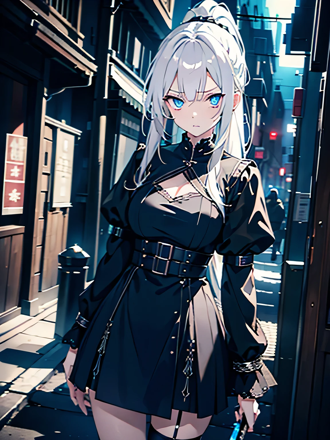 white hair girl,gloomy expression,blue pupils,black连衣裙,high ponytail,Tall,gloomy,Standing in a dark alley at night,Holding a bloody dagger in hand,black,masterpiece,best quality,detailed,alley at night,Expression of disgust