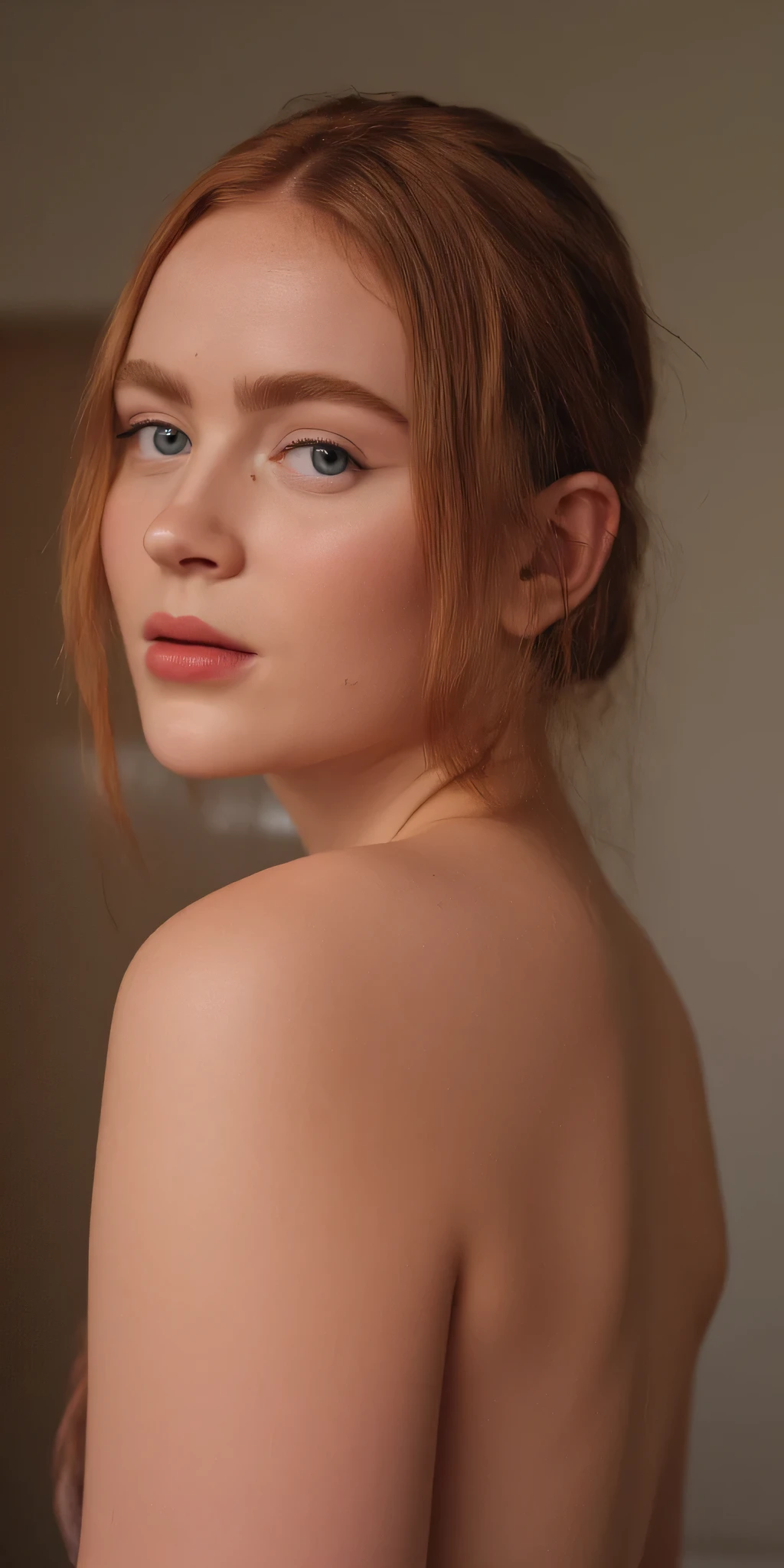 Best Quality、masterpiece、a woman's bare back. She pulls up her wet hair、wet skin at the shower. Partially covered by the curtain. She is turn her head to the camera. Glance to the camera. Full body. Seductive eyes. Sensual happy stare. The light in the room is soft and quiet. 4K HD. Bare ass.