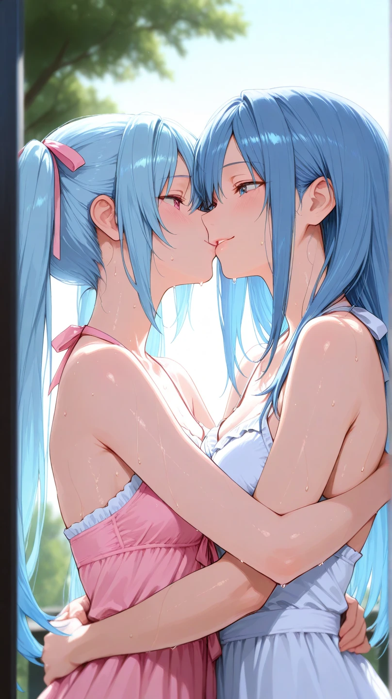 Best Quality,High resolution,8k,finelity detailed background,Masterpiece:1.2),(Two Beautiful Girls 1.3),The beautiful girl on the left has shiny light blue hair.,asymmetrical hair,Beautiful light blue eyes,Gentle look,A refreshing look,?????????,The beautiful girl on the right has shiny green hair.,asymmetrical hair,Beautiful green eyes,Gentle look,A refreshing look,?????????,Best quality,Best Quality,Aesthetic and aesthetic:1.2,Best details((Super detailed))(High-definition CG illustrations),Upper Body,ダークグレー色の?????????,(Cleavage:1.2)Slender body,night,moon,Bedroom,On the bed,smile,blush,cute,Scrounge,Looking up,Being spoiled,super model, (????:1.5), (Sweat:1.2), (steam:1.1),Close-up,Two Girls,kiss,(kissする)