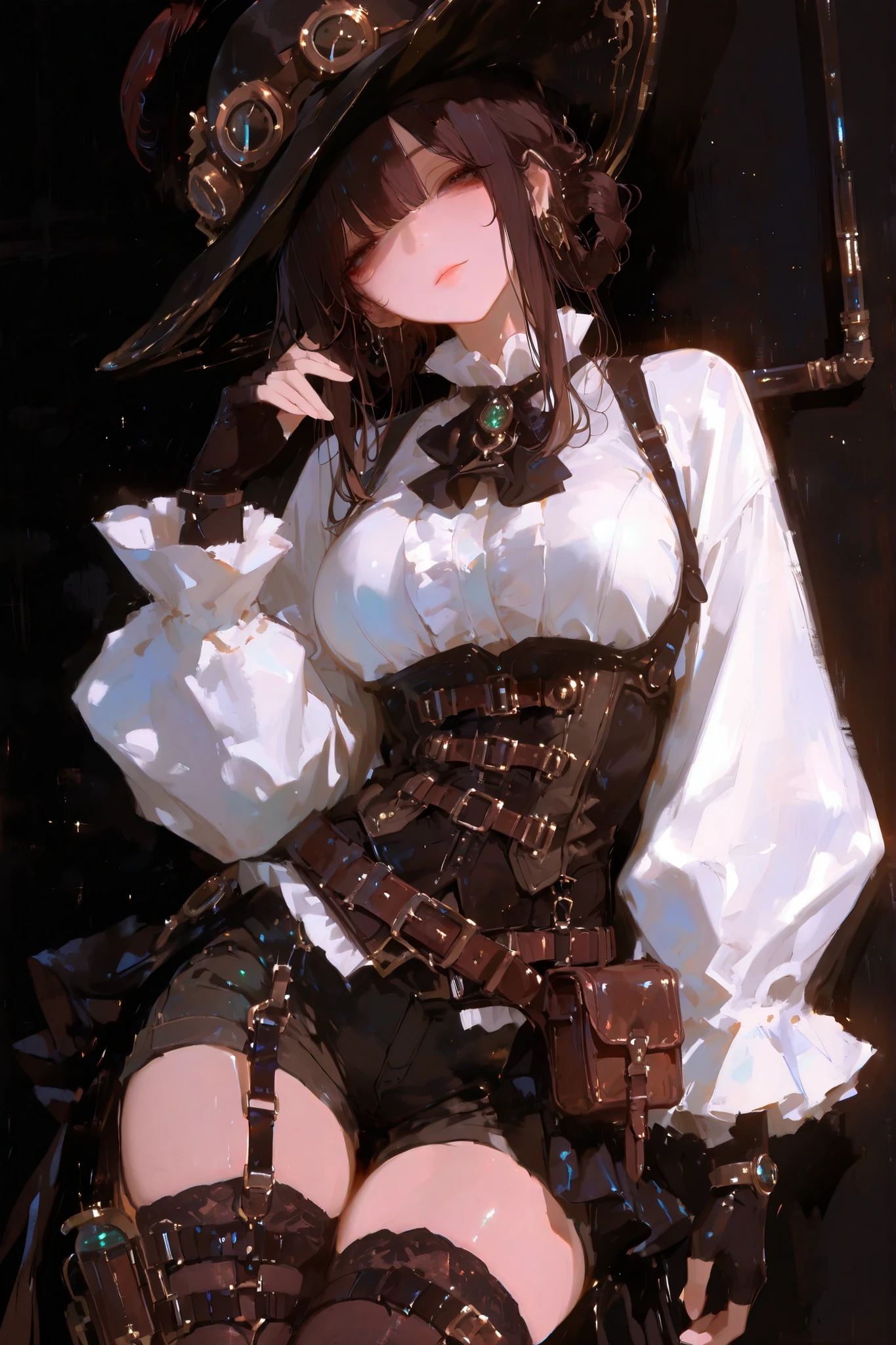 4k, a-shacho, dim light theme, masterpiece, best quality, amazing quality, absurdres, ultra-detailed, very aesthetic, cinematic, cinematic shadows, cinematic composition, vibrant colors, high detailed, Anime style, 1girl, solo, simple background, radiant lighting, skin quality enhance, detailed eyes, detailed irises, red eyes, highquality, dark brown eyes, dark brown hair, A steampunk-inspired female character, wearing a white ruffled blouse with voluminous sleeves, a dark buckled corset, and a fitted vest with a high collar. She has short, tailored shorts with straps, an asymmetrical layered skirt, thigh-high stockings with garters, fingerless gloves, and a small steampunk satchel. Her outfit is completed with a tilted black hat. Her hair is styled in voluminous, curly locks cascading over her shoulders, adding to her adventurous look. 

