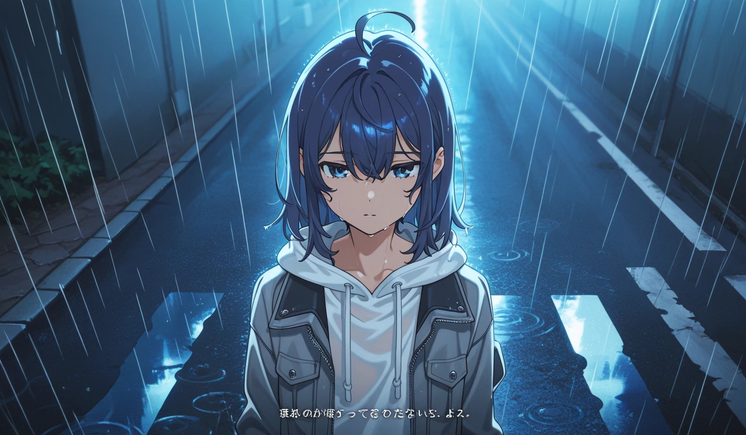 phblue, scenery, no humans, landscape,  (masterpiece,best quality:1.4), blue theme, city, dusk, 1girl, rain,cowboy shot, close up, sink to her waist in the water