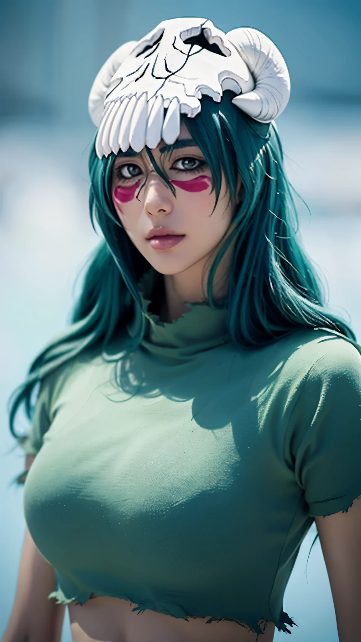 Half body potrait nelliel bleach, detailed portrait of nelliel from bleach anime, beautiful young woman with long teal hair, wearing white and green outfit, confident and elegant expression, looking directly at camera, detailed facial features, intricate background with japanese architecture, warm lighting, digital art, 8k, highly detailed, realistic, photorealistic, studio lighting,physically-based rendering,vibrant colors,cinematic composition