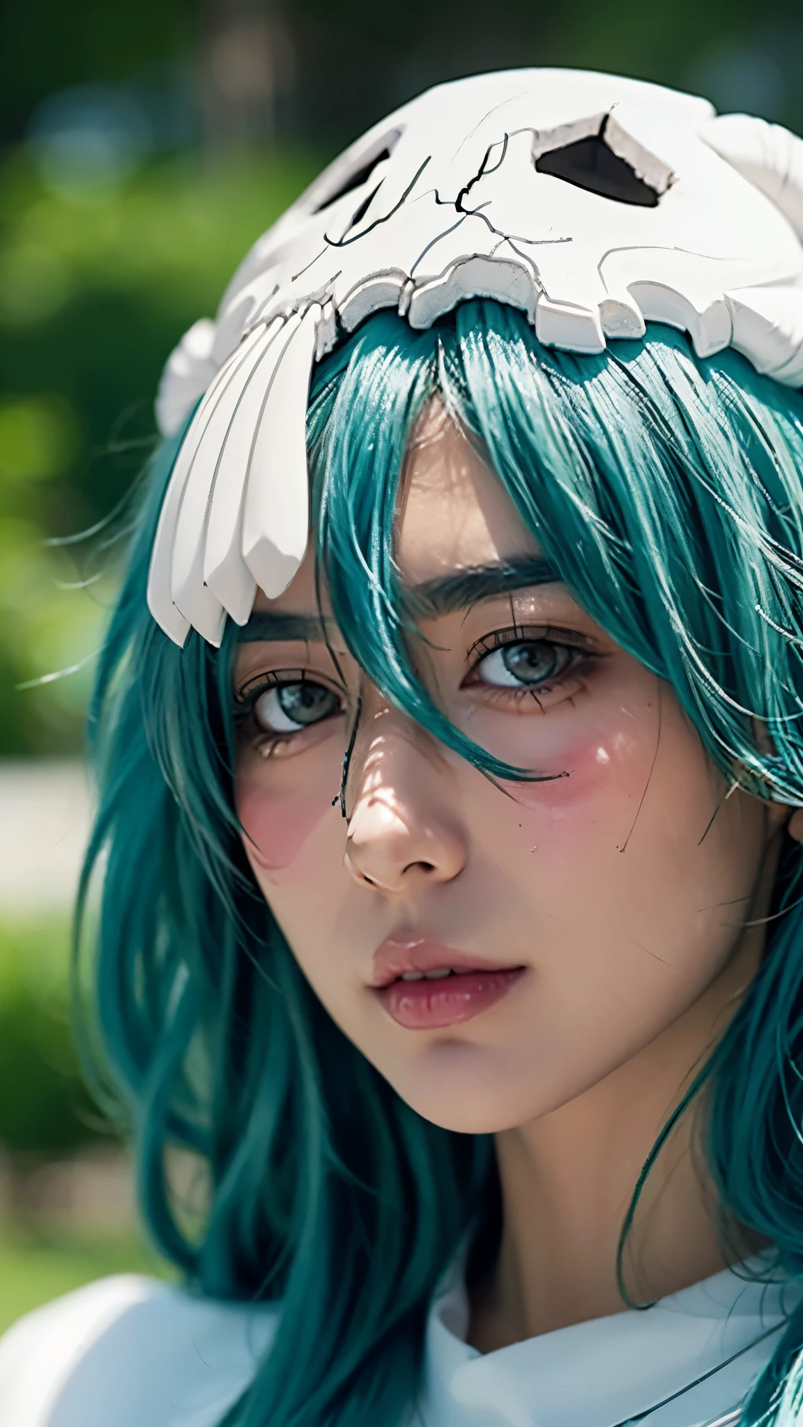 Half body potrait nelliel bleach, detailed portrait of nelliel from bleach anime, beautiful young woman with long teal hair, wearing white and green outfit, confident and elegant expression, looking directly at camera, detailed facial features, intricate background with japanese architecture, warm lighting, digital art, 8k, highly detailed, realistic, photorealistic, studio lighting,physically-based rendering,vibrant colors,cinematic composition