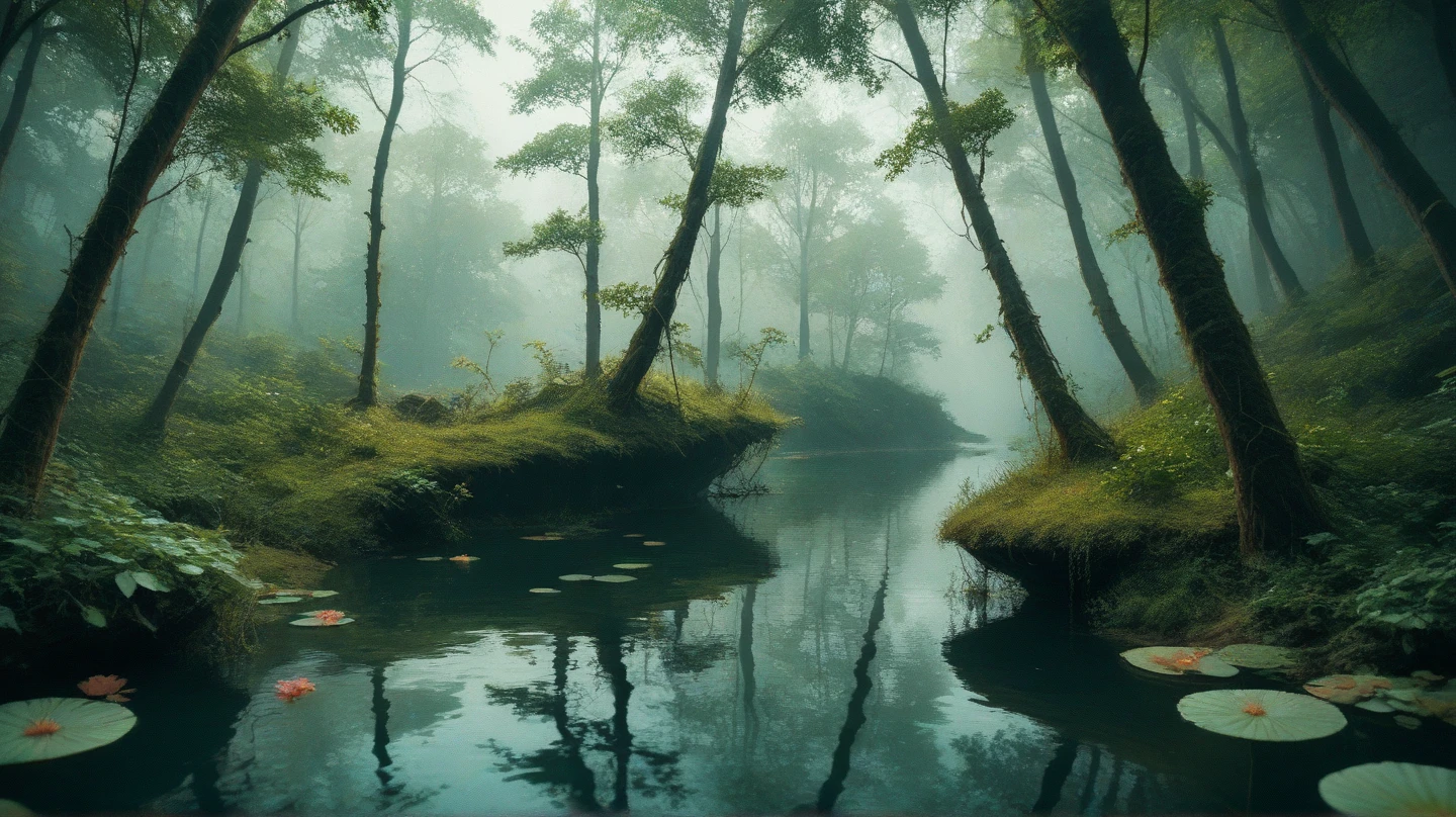 A murky swamp with twisted trees rising from the water, Hue, window light, spotlight masterpiece, realistic, award winning, volumetric light and fog, subsurface scattering, caustics, bloom, perfect exposure, perfect composition, rule of thirds, 8k, hdr10, cinematic, breathtaking, ray tracing