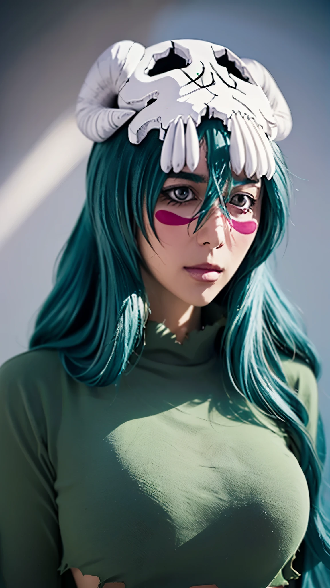 Half body potrait nelliel bleach, detailed portrait of nelliel from bleach anime, beautiful young woman with long teal hair, wearing white and green outfit, confident and elegant expression, looking directly at camera, detailed facial features, intricate background with japanese architecture, warm lighting, digital art, 8k, highly detailed, realistic, photorealistic, studio lighting,physically-based rendering,vibrant colors,cinematic composition