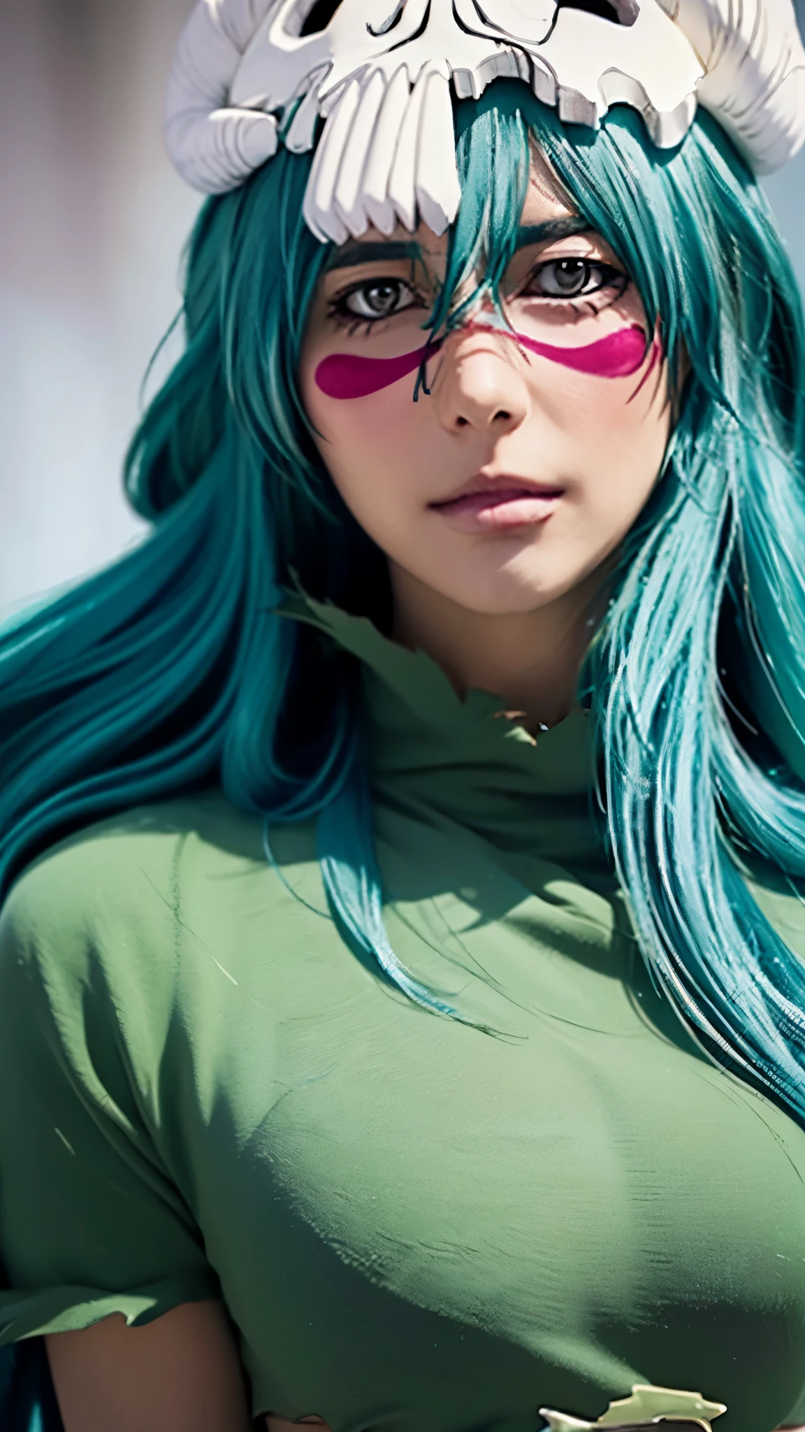 Half body potrait nelliel bleach, detailed portrait of nelliel from bleach anime, beautiful young woman with long teal hair, wearing white and green outfit, confident and elegant expression, looking directly at camera, detailed facial features, intricate background with japanese architecture, warm lighting, digital art, 8k, highly detailed, realistic, photorealistic, studio lighting,physically-based rendering,vibrant colors,cinematic composition