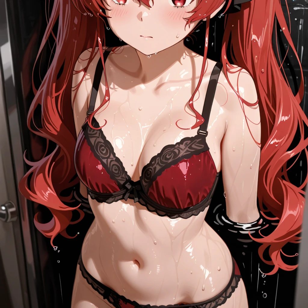 Red hair fading to black, Big , Big , black lace lingerie with red trim, red eyes turning blue, gasped лицо, , ,  на ,  torso, smile, embarrassed face, red cheeks, gasped, , , cat ears, hairstyle ponytail, in the bathroom, , in foam, in the shower, вся in foam, лицо , , conchaet, a lot of , in soap