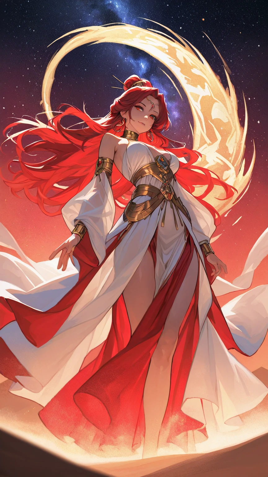 Beautiful Japanese goddess named Jenna. Alta, imponente. Strong and powerful musculature, strong biceps. Long straight long red hair.  White and blue dress . celestial background