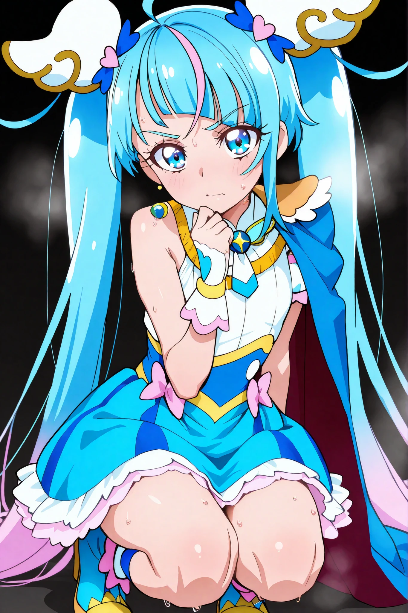 Cure Sky, masterpiece, Highest Quality, Newest, very high resolution, your mouth is closed, Hanging Eyebrows, Serious Expression, mid-waist, Black Background, sitting on her knees, A large amount of steam is gushing up from my body, There is haze around due to steam, sweaty, I'm sweating a lot, her clothes are damp from sweat, My skirt is damp from sweat, High body temperature, is staring at the viewer, Full Body, I'm sweating too much and puddles are forming, Haze is applied due to steam, My body is covered in hot water smoke, Steam is dancing, sweaty arms and face , clothes are wet and transparent