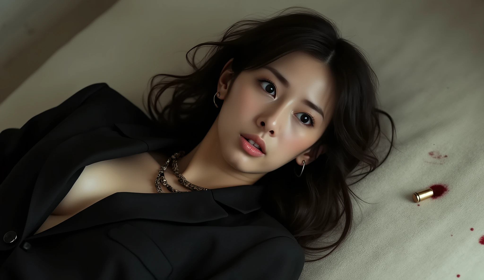 Masterpiece Most Realistic Photograph Detailed but Slightly Dull Background Sharp Personalities Best Quality (Wallpapers 8K Very High Detail) (best illustration) (The best shadow) Realistic High Definition Realistic 30 year old Asian woman, handsome, wearing a black suit, showing a slight chest, she was shot in the forehead, a bullet wound in the middle of her forehead, a bullet hole on her forehead bleeding a little, no hair covering her face. Her eyes were wide in fear, her mouth was open, her face was full of Emotions showed a sexual climax, but she was dead, lying on her back on a blood-stained white carpet in a luxury hotel.  