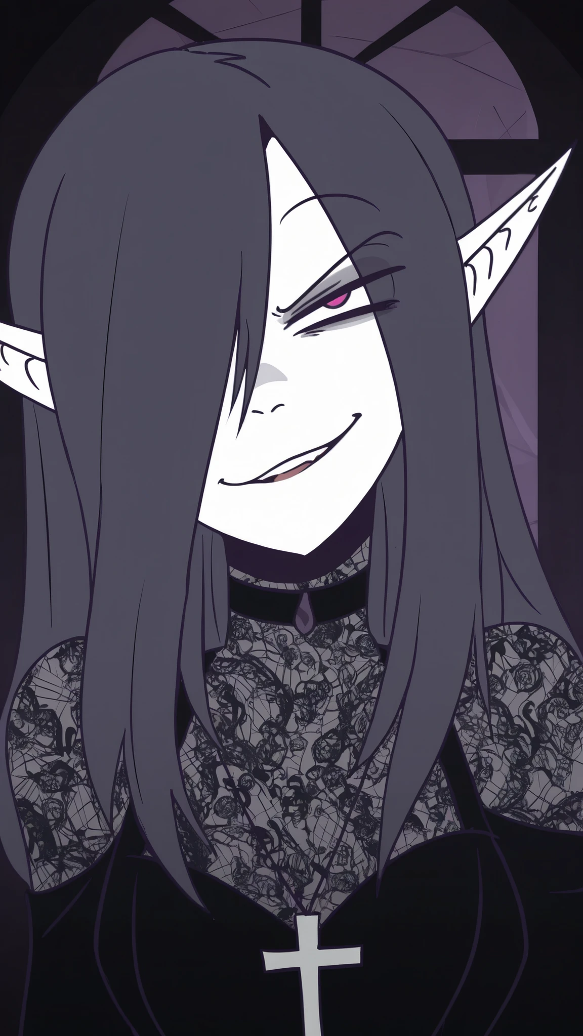 (dariacohen_XL, erotic, lusty, dynamic scene), flat color with shading features, bold outlines, long hair, masterpiece, best quality, newest, 1girl, gothic outfit, bodysuit, lace, choker, cross necklace, close up, dramatic foreshortening, chiaroscuro, ray light from curtained window, pale skin, purple eyes, parted lips, smirk, bangs, hair over one eye