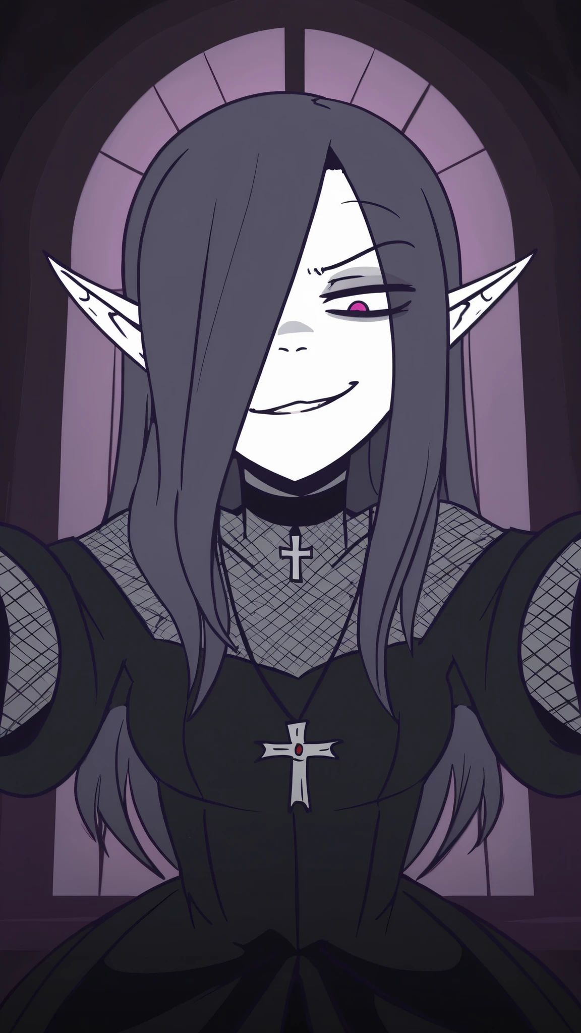 (dariacohen_XL, erotic, lusty, dynamic scene), flat color with shading features, bold outlines, long hair, masterpiece, best quality, newest, 1girl, gothic outfit, bodysuit, lace, choker, cross necklace, close up, dramatic foreshortening, chiaroscuro, ray light from curtained window, pale skin, purple eyes, parted lips, smirk, bangs, hair over one eye