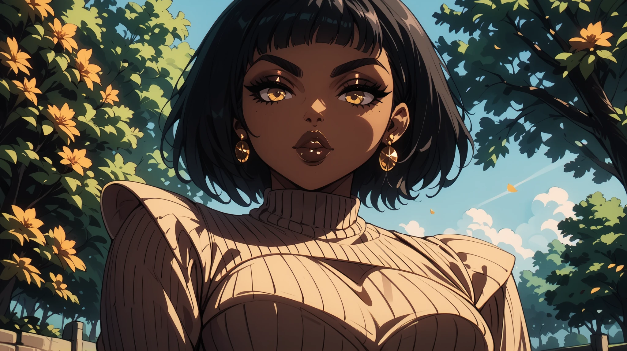 score_9, score_8_up, score_7_up, score_6_up, score_5_up, score_4_up, 1girl, low angle, gorgeous, beautiful, park with trees in daylight in the background, keyhole sweater, dark skin, glossy lips, looking down at viewer, fleeky eyebrows, black hair, bob cut, golden eyes, earrings,